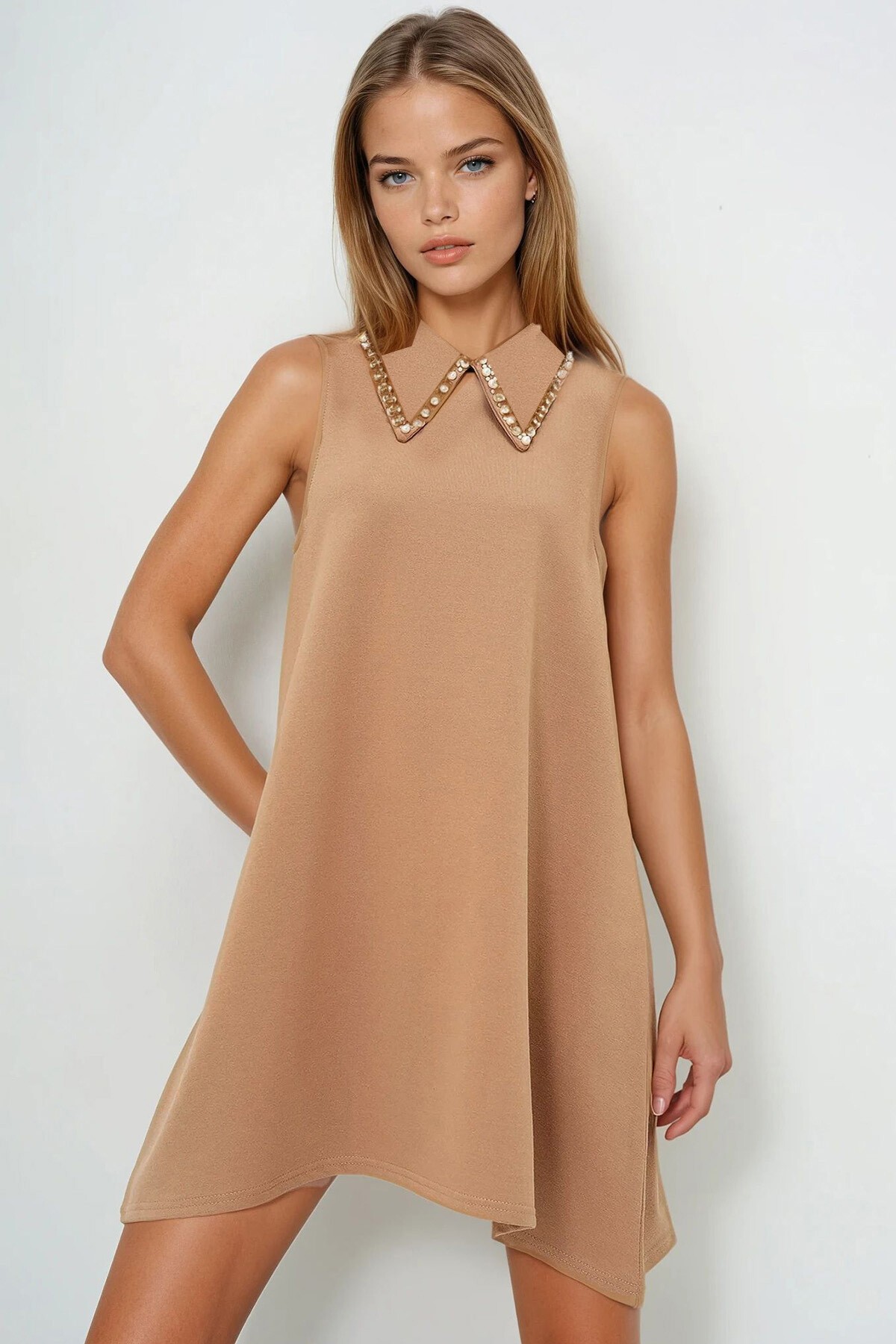 Camel Suni İnci Yakalı Kolsuz Basic Elbise