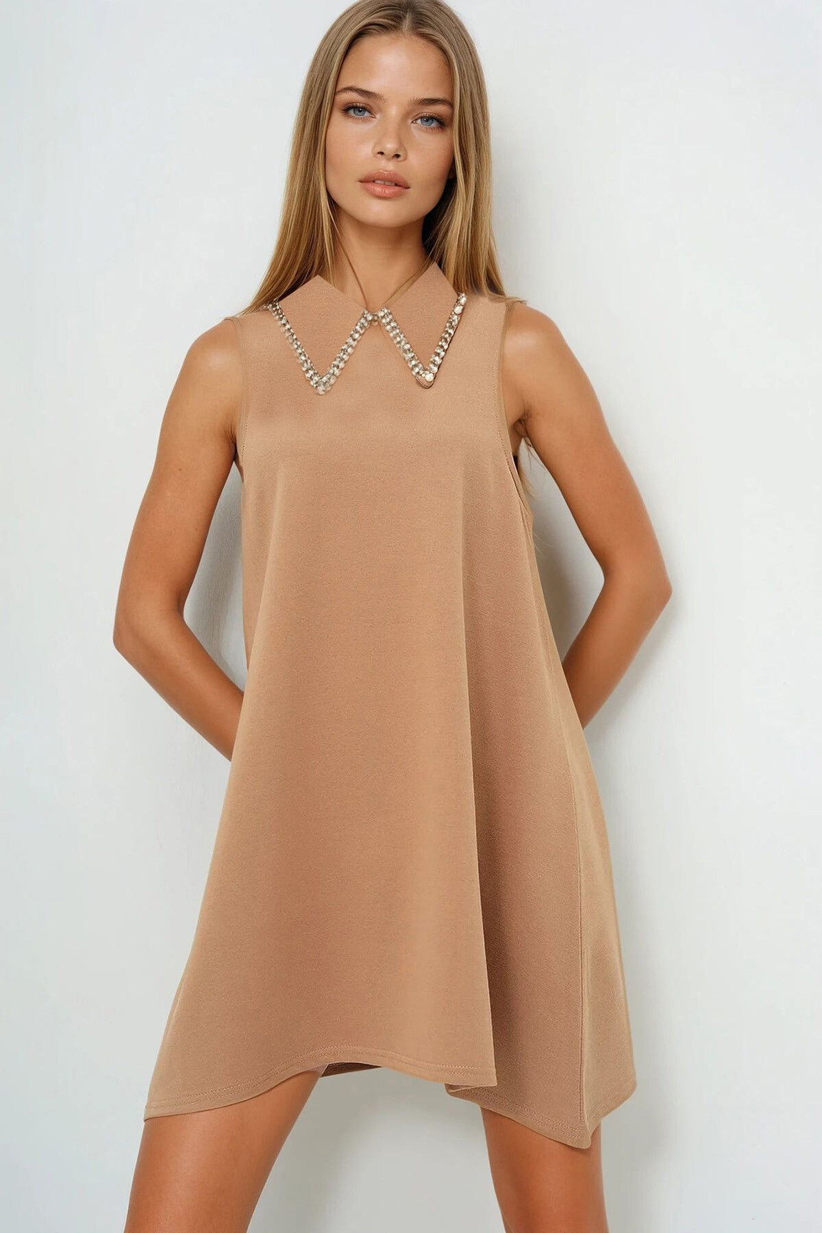 Camel Suni İnci Yakalı Kolsuz Basic Elbise