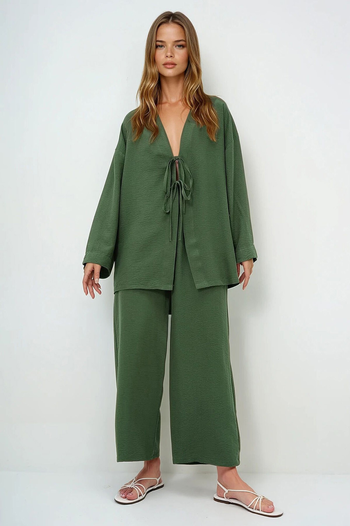 Ceviz Yeşili Önü Bağcıklı Kimono Ceket Ve Palazzo Pantolon Takım