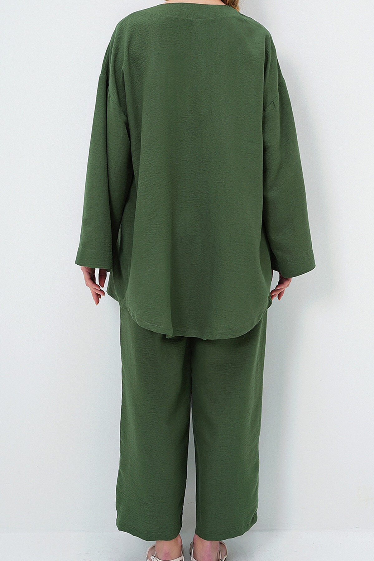 Ceviz Yeşili Önü Bağcıklı Kimono Ceket Ve Palazzo Pantolon Takım