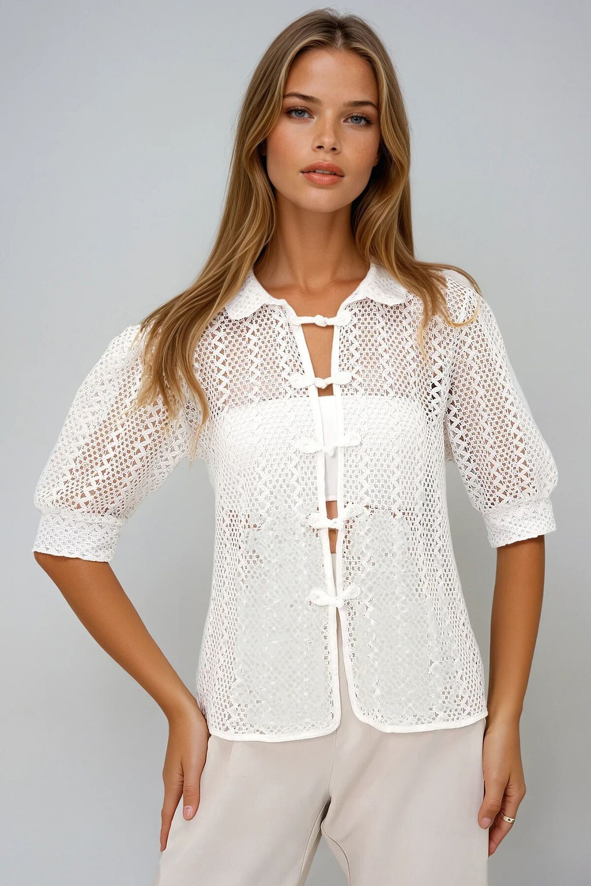 Ekru Bebe Yaka Prenses Kol Düğüm Kapamalı Yazlık Gömlek