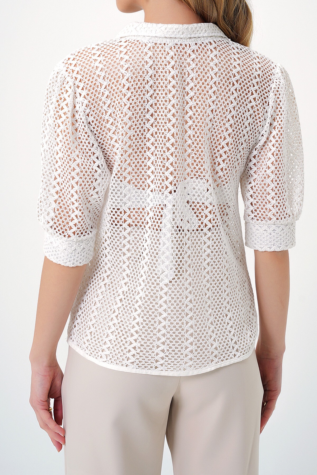 Ekru Bebe Yaka Prenses Kol Düğüm Kapamalı Yazlık Gömlek