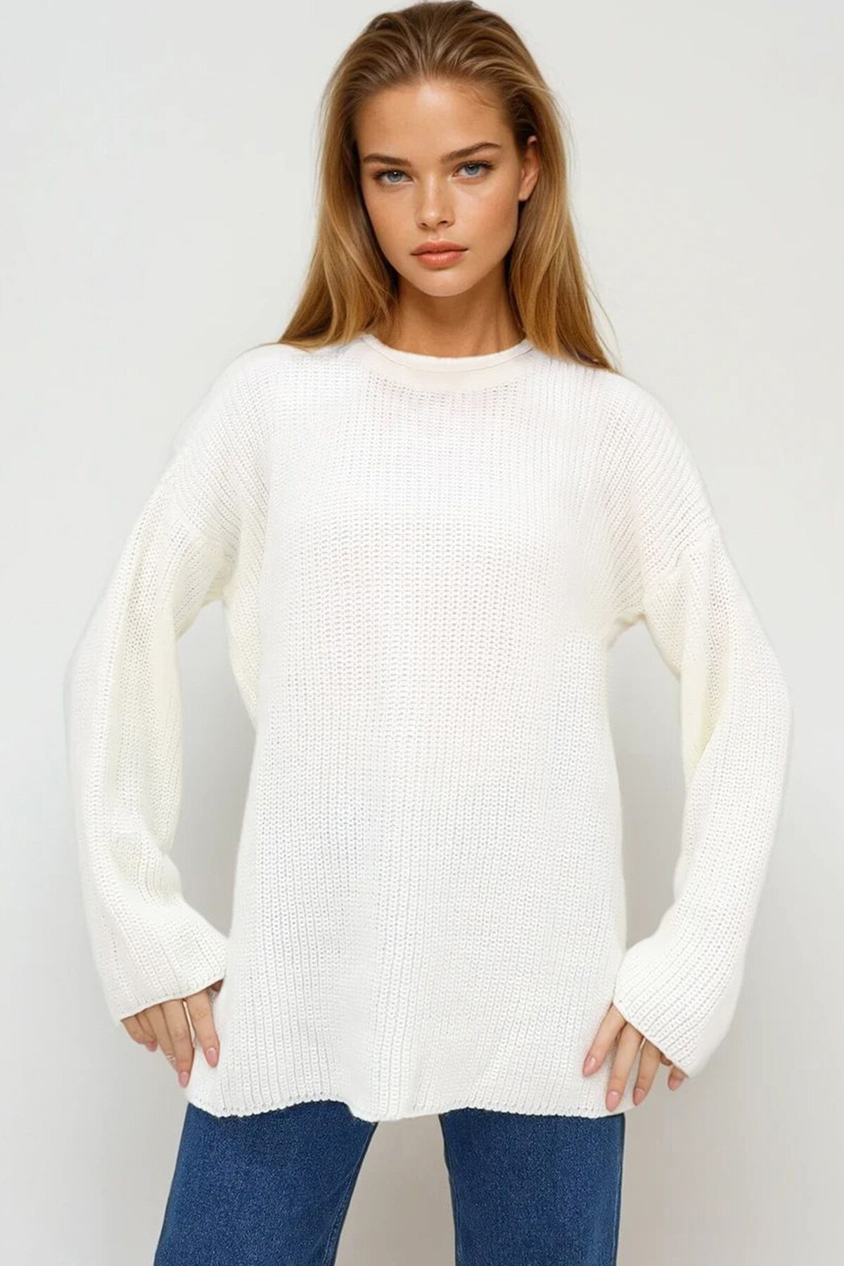 Ekru Bisiklet Yaka Duble Kol Selanik Örgü Oversize Kışlık Kazak