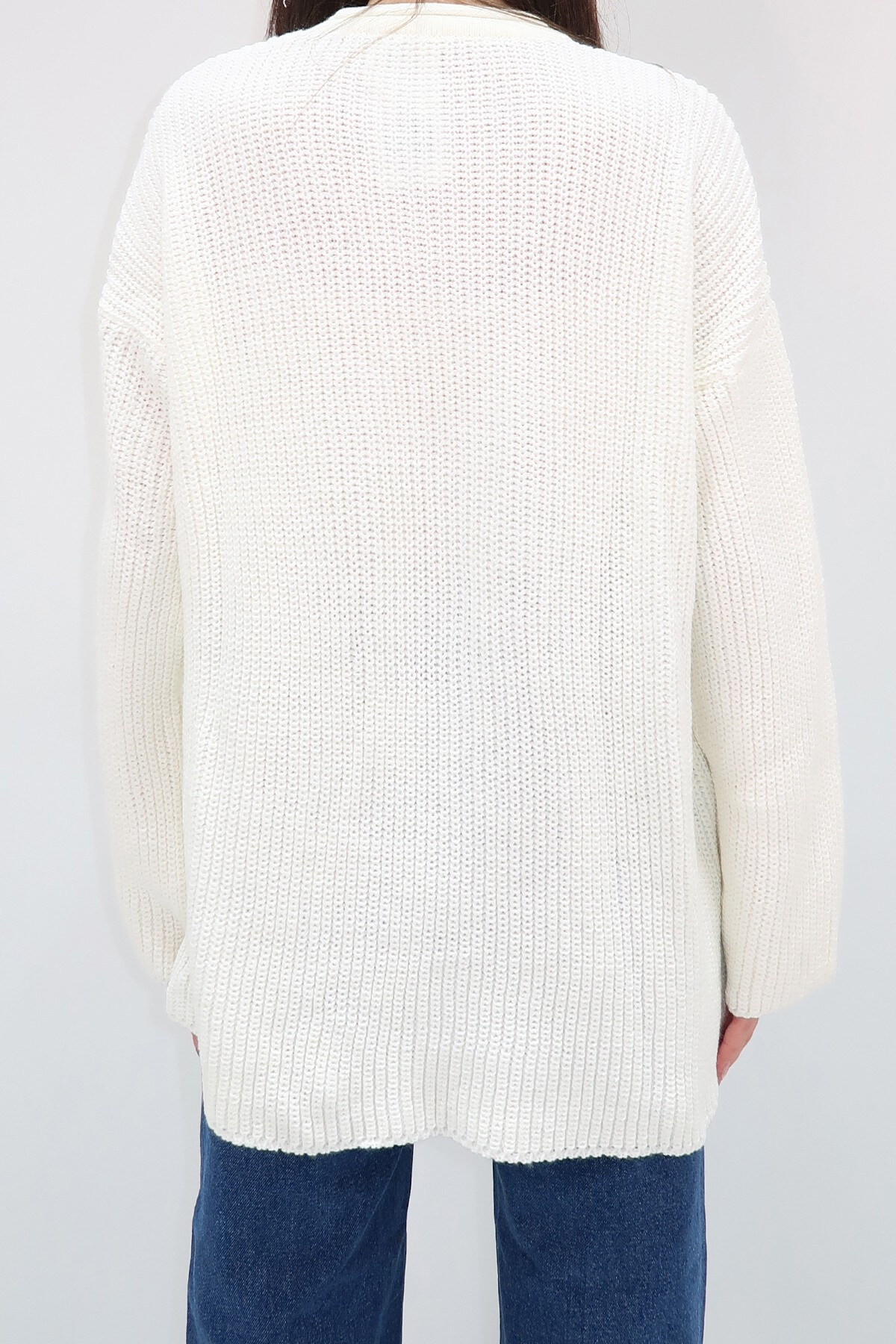 Ekru Bisiklet Yaka Duble Kol Selanik Örgü Oversize Kışlık Kazak