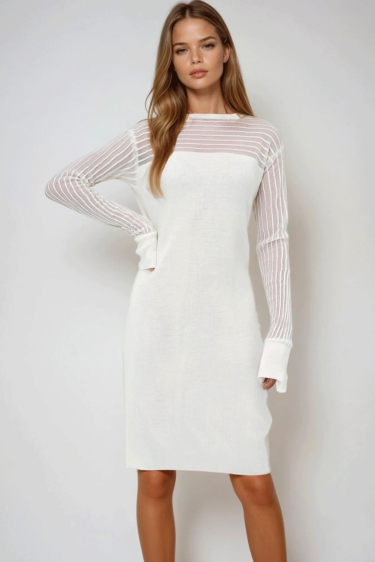 Ekru Bisiklet Yaka Omuzları Tül Detaylı Midi Boy Mevsimlik Elbise