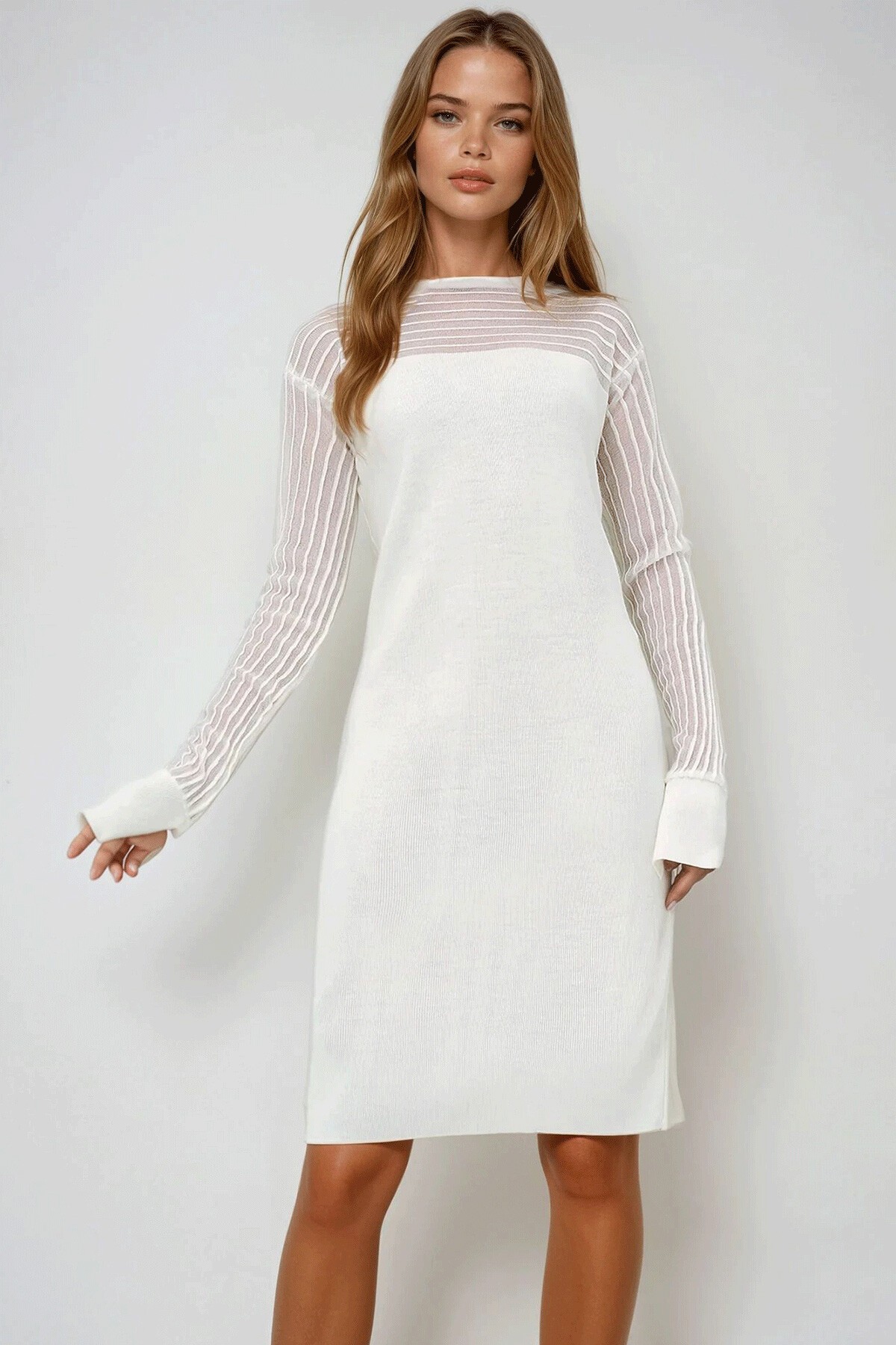 Ekru Bisiklet Yaka Omuzları Tül Detaylı Midi Boy Mevsimlik Elbise