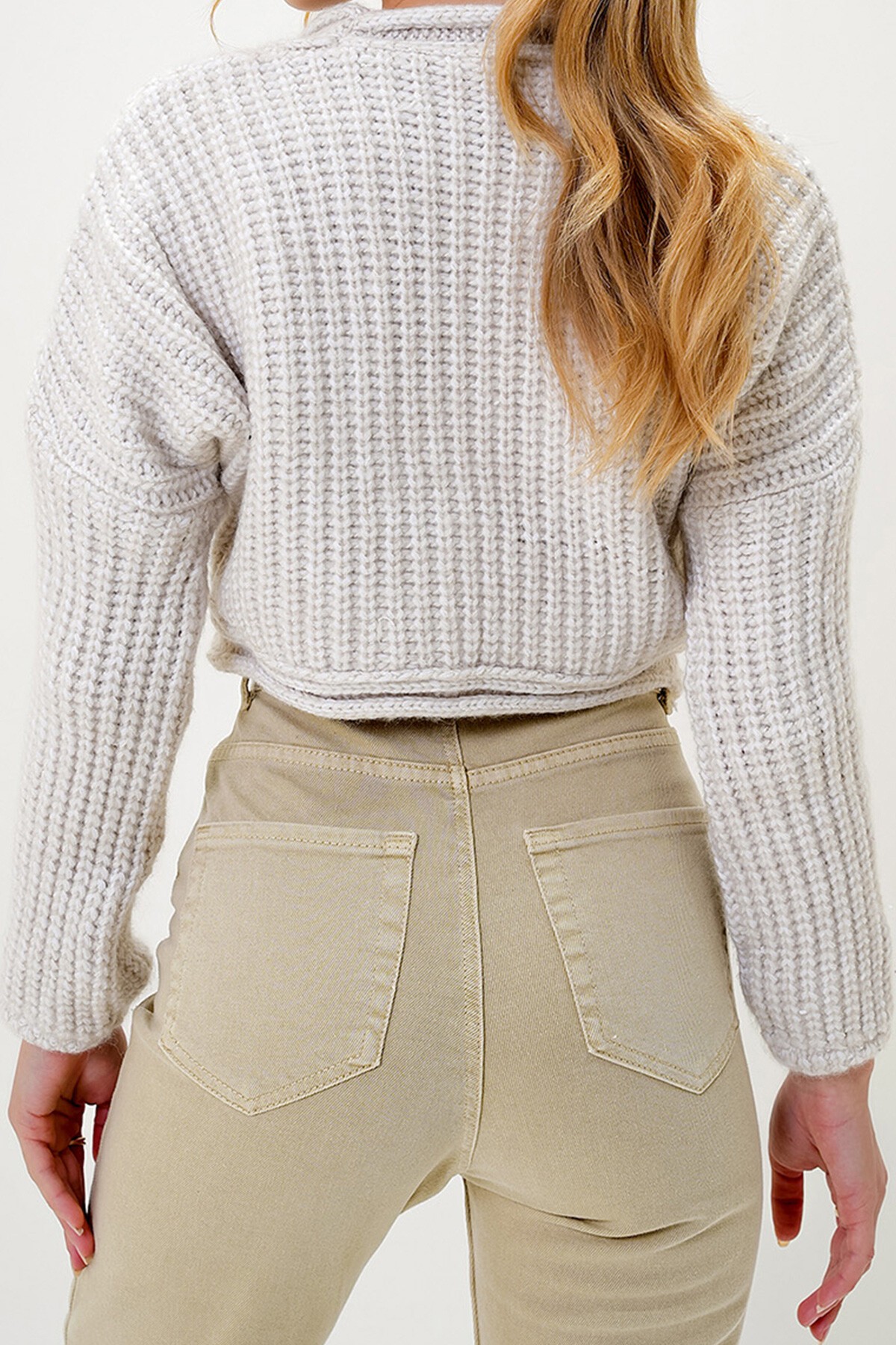 Ekru Bisiklet Yaka Triko Crop Kalın  Kazak