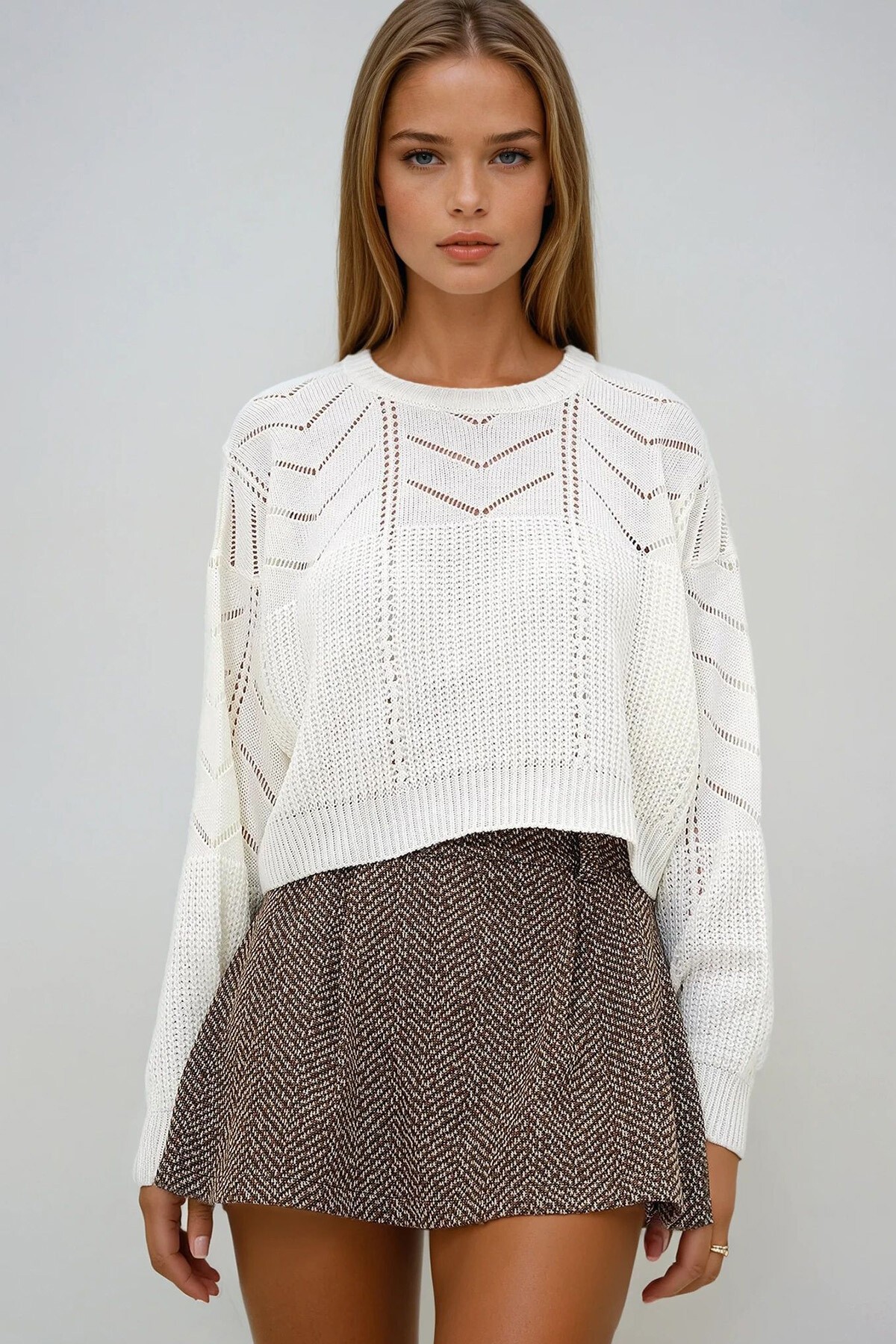 Ekru Bisiklet Yaka Yarasa Kol Ajurlu Triko Kazak