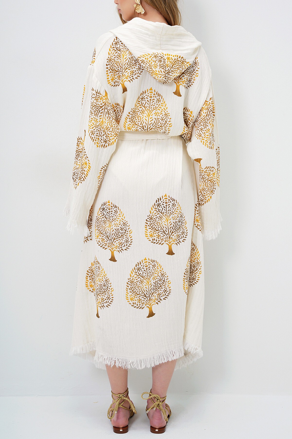 Ekru Desenli Beli Kuşaklı Pamuk Müslin Kapüşonlu Kimono