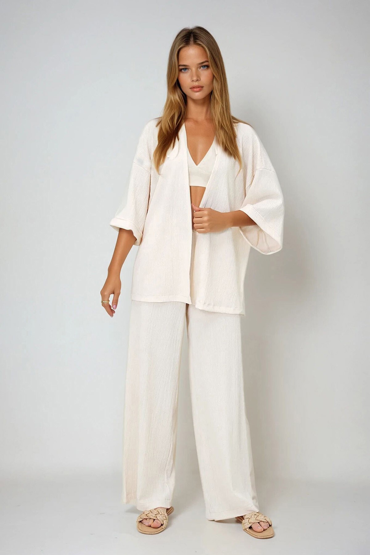Ekru Duble Kol Bürümcük Kumaş Yazlık Kimono Ve Pantolon Takım