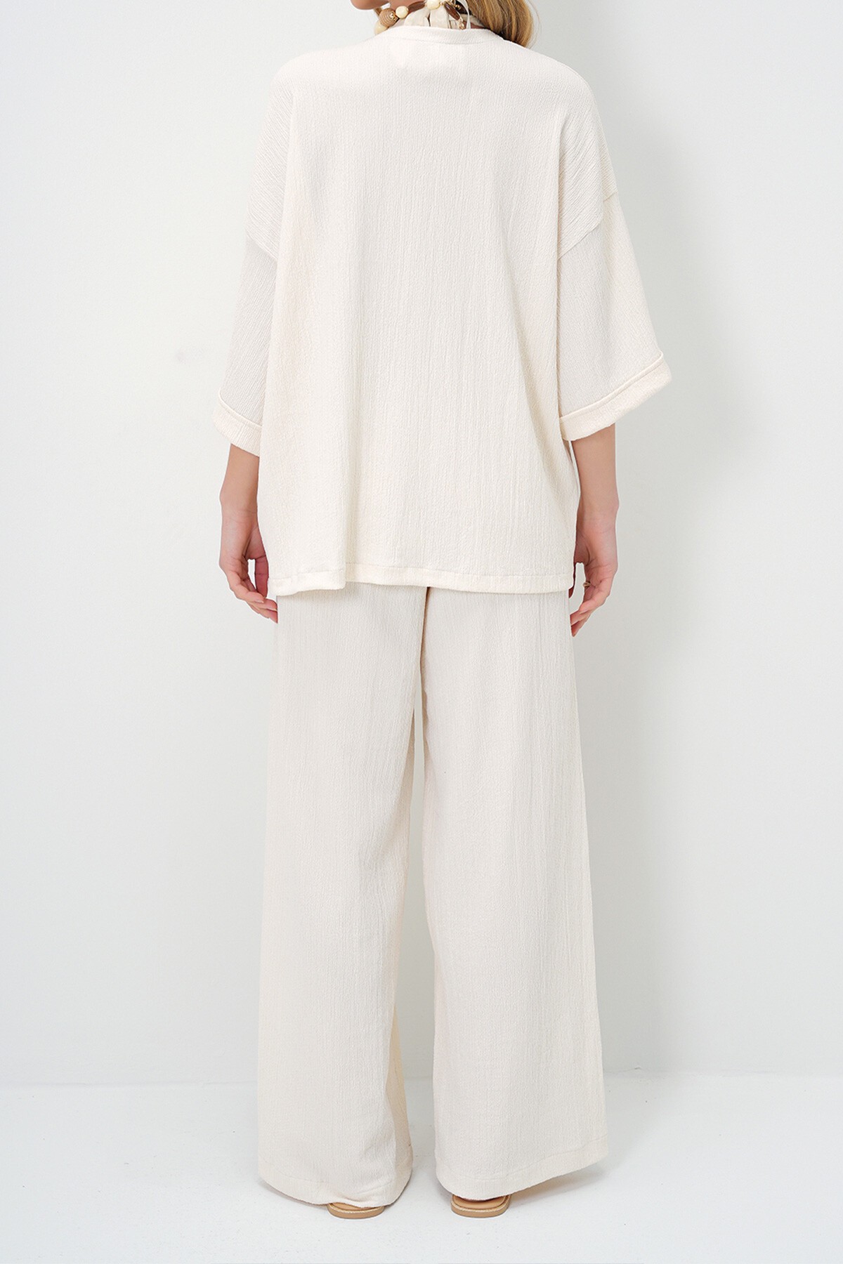 Ekru Duble Kol Bürümcük Kumaş Yazlık Kimono Ve Pantolon Takım