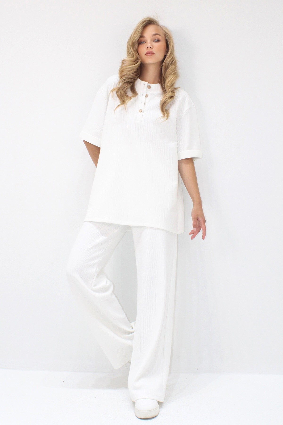 Ekru Duble Kol Yakası Düğmeli Pantolonlu Alt Üst Takım