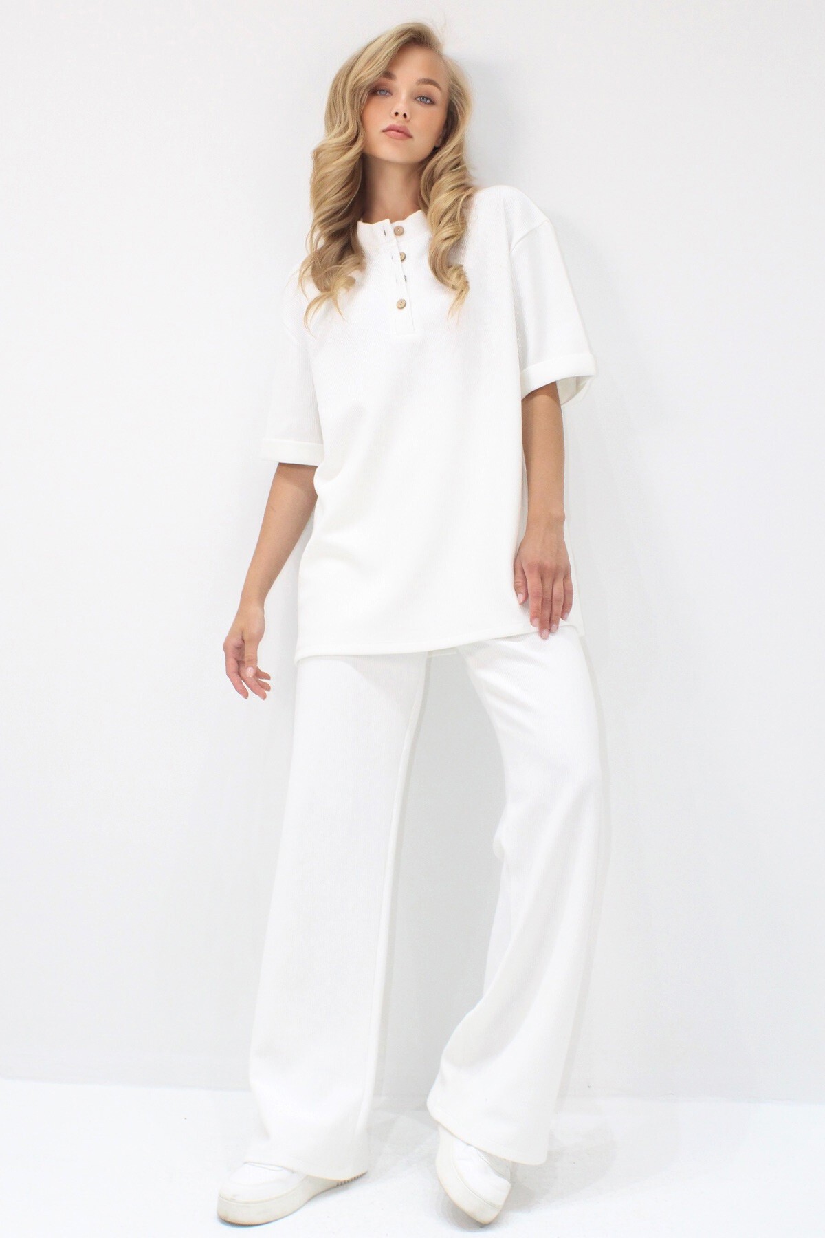 Ekru Duble Kol Yakası Düğmeli Pantolonlu Alt Üst Takım