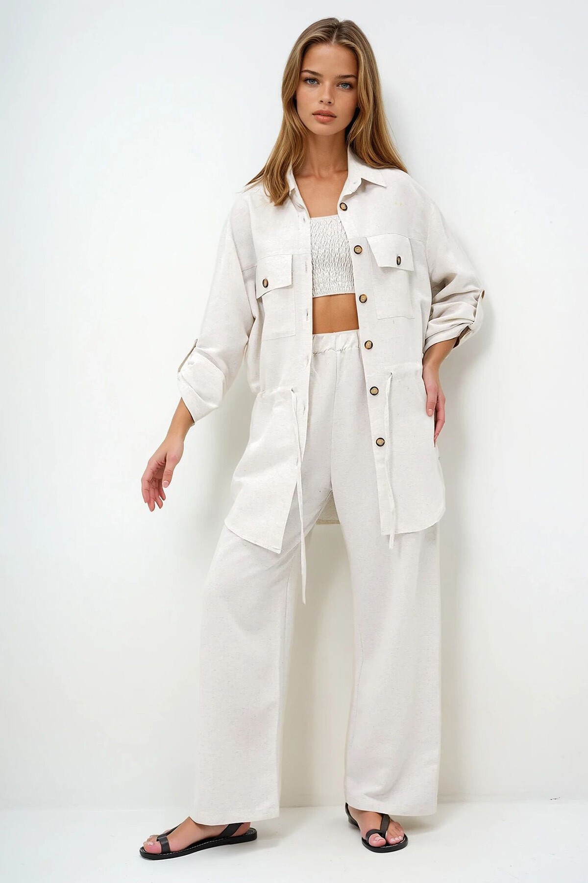 Ekru Gömlek Yaka Çift Cepli Bağlamalı Keten Safari Ceket Ve Pantolon Takım