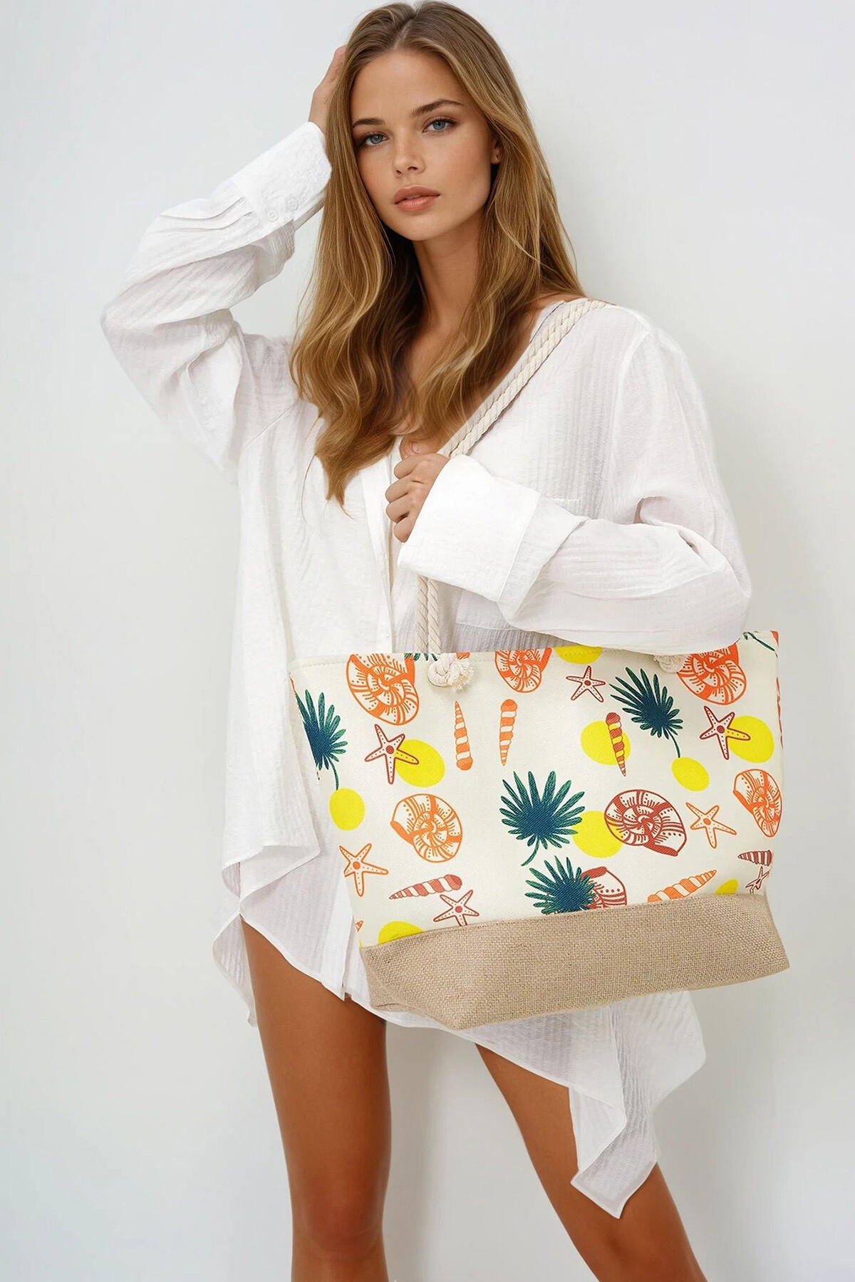 Ekru Hasır Taban Desenli Maxi Boy Plaj Çantası