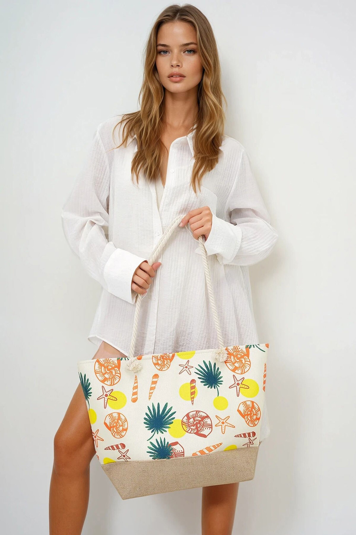 Ekru Hasır Taban Desenli Maxi Boy Plaj Çantası