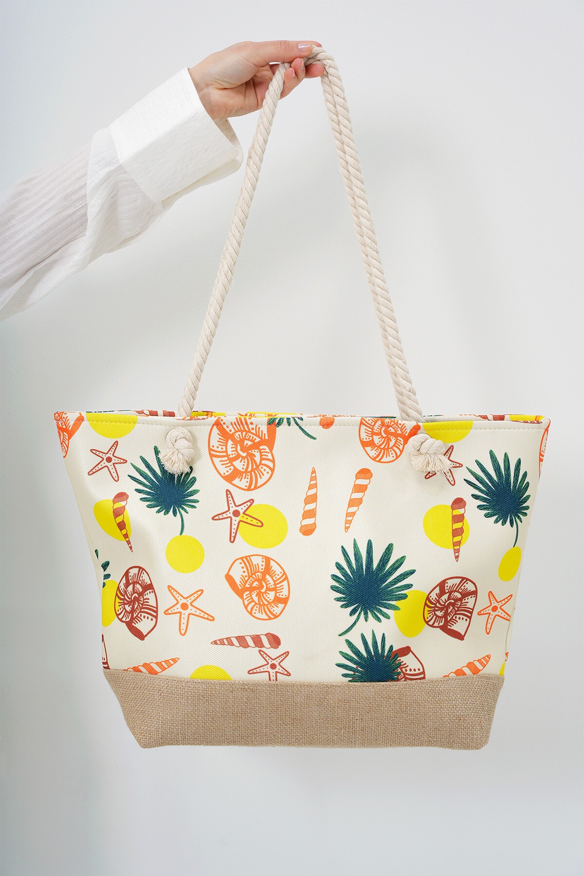 Ekru Hasır Taban Desenli Maxi Boy Plaj Çantası