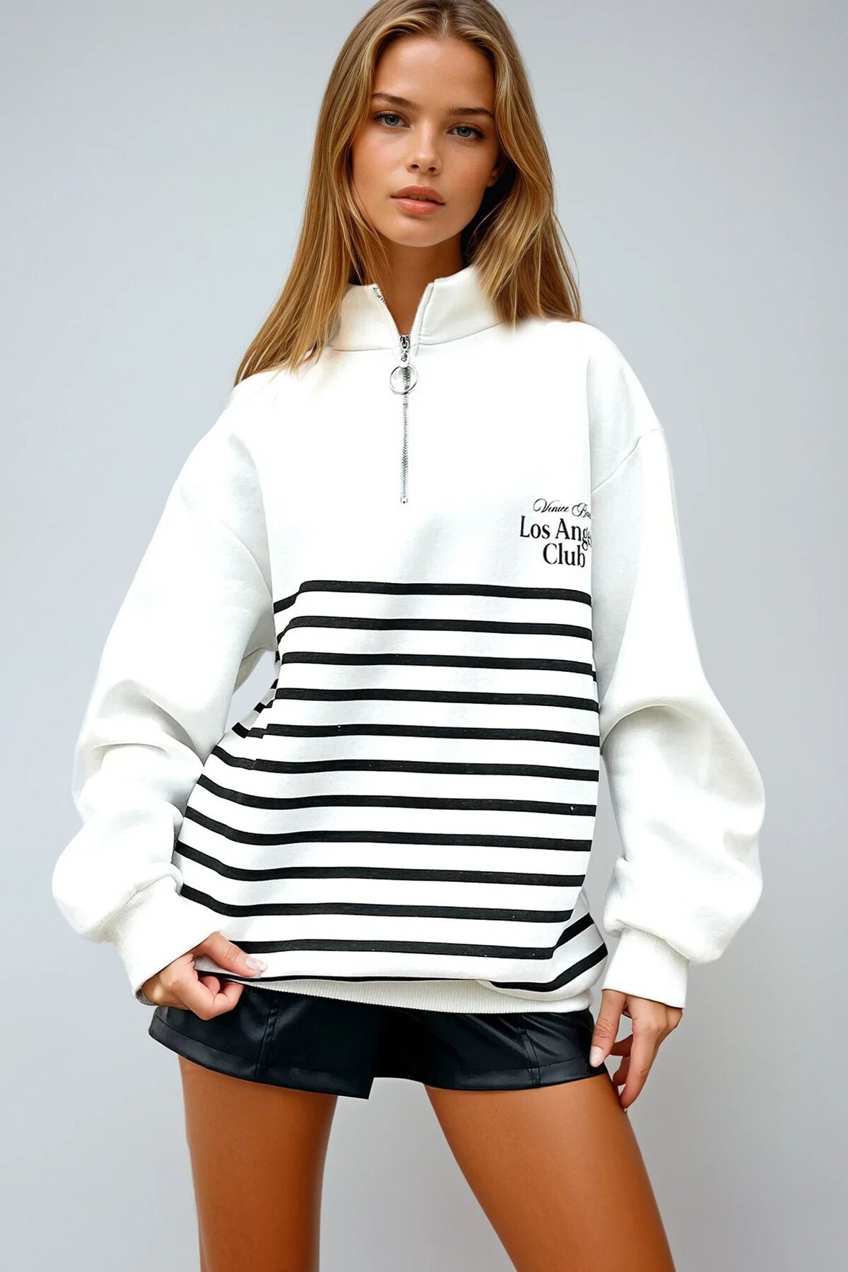 Ekru İçi Şardonlu Baskılı Fermuarlı Sweatshirt