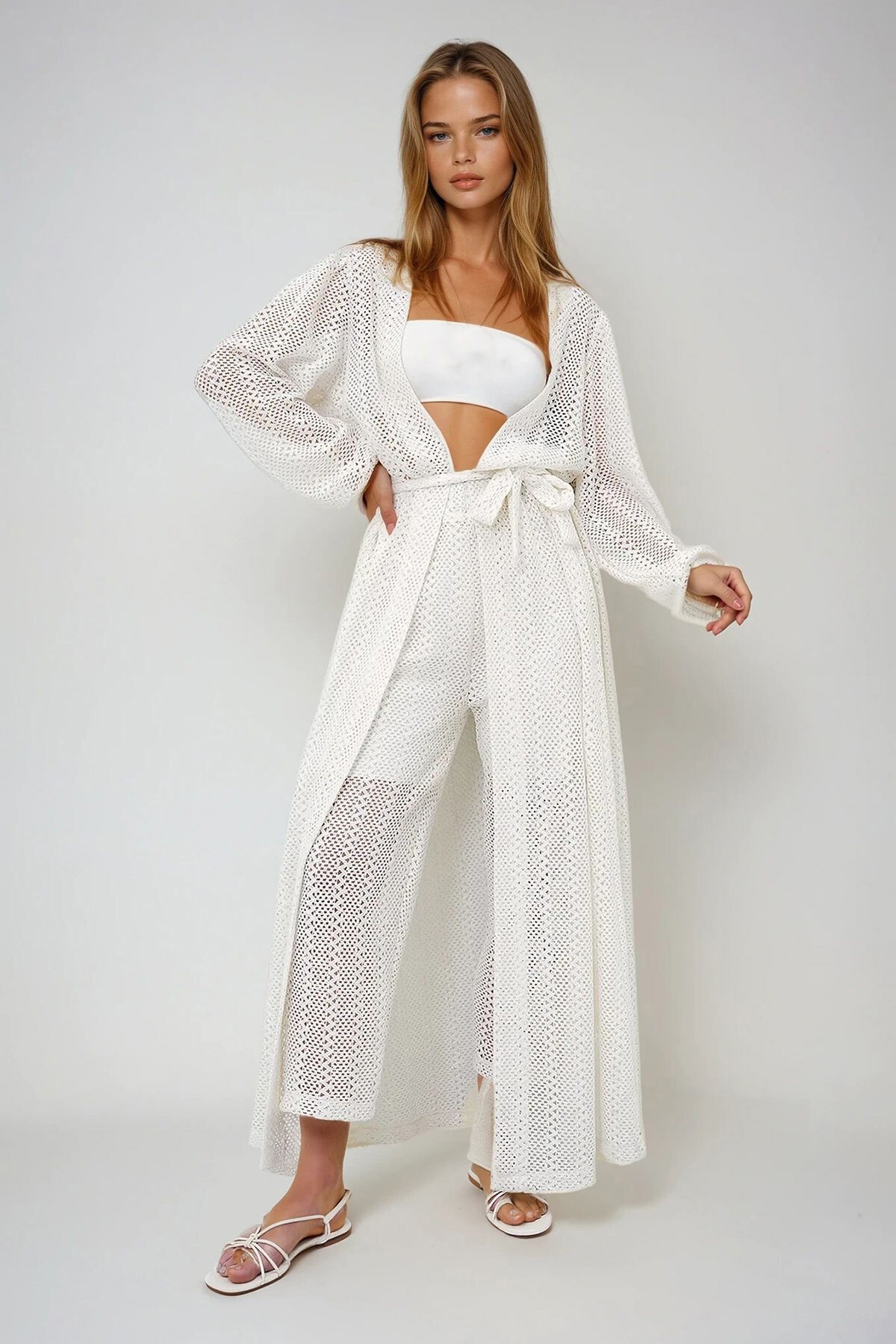 Ekru Kendinden Dokulu Ajurlu Uzun Pantolonlu Kimono Takım