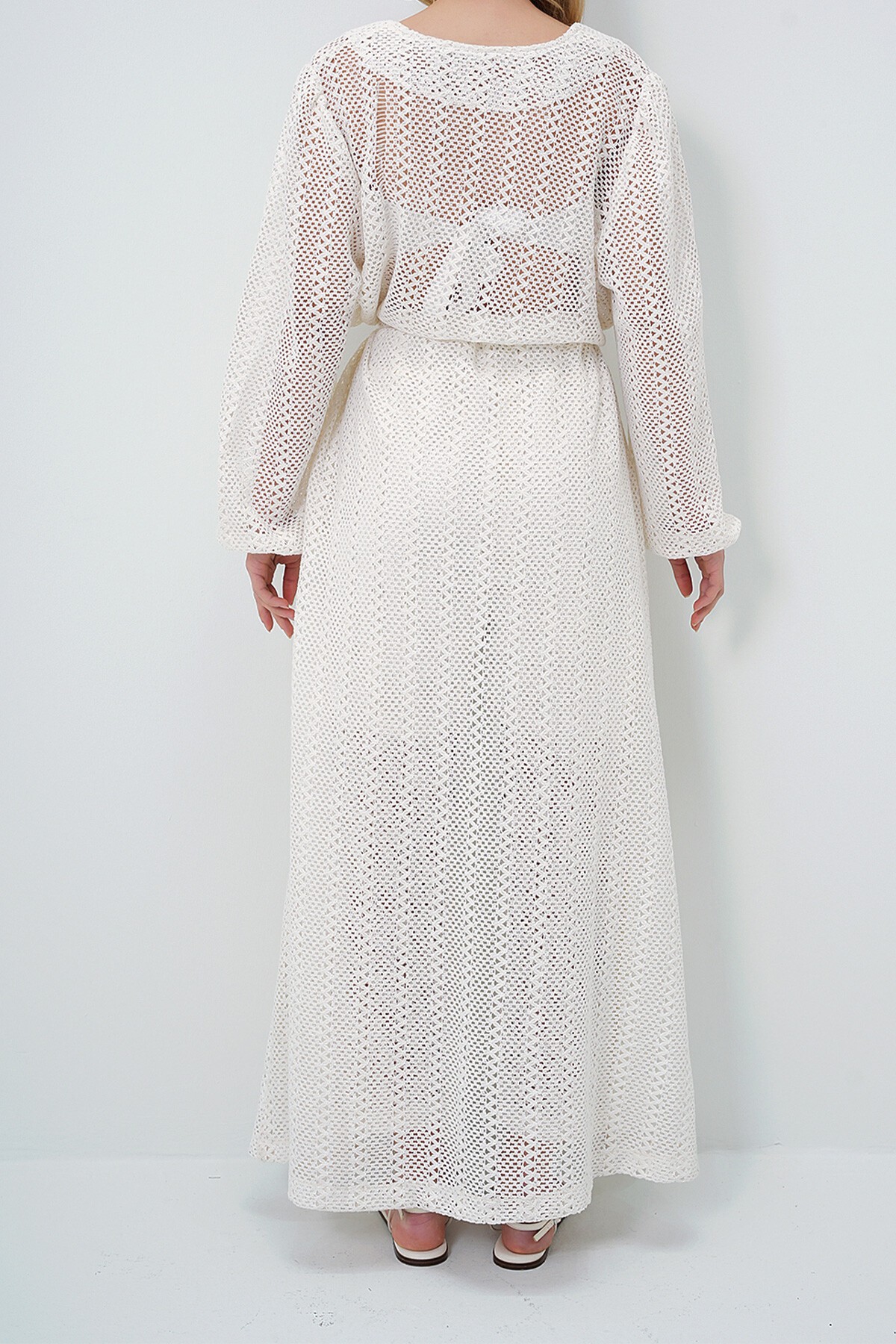 Ekru Kendinden Dokulu Ajurlu Uzun Pantolonlu Kimono Takım