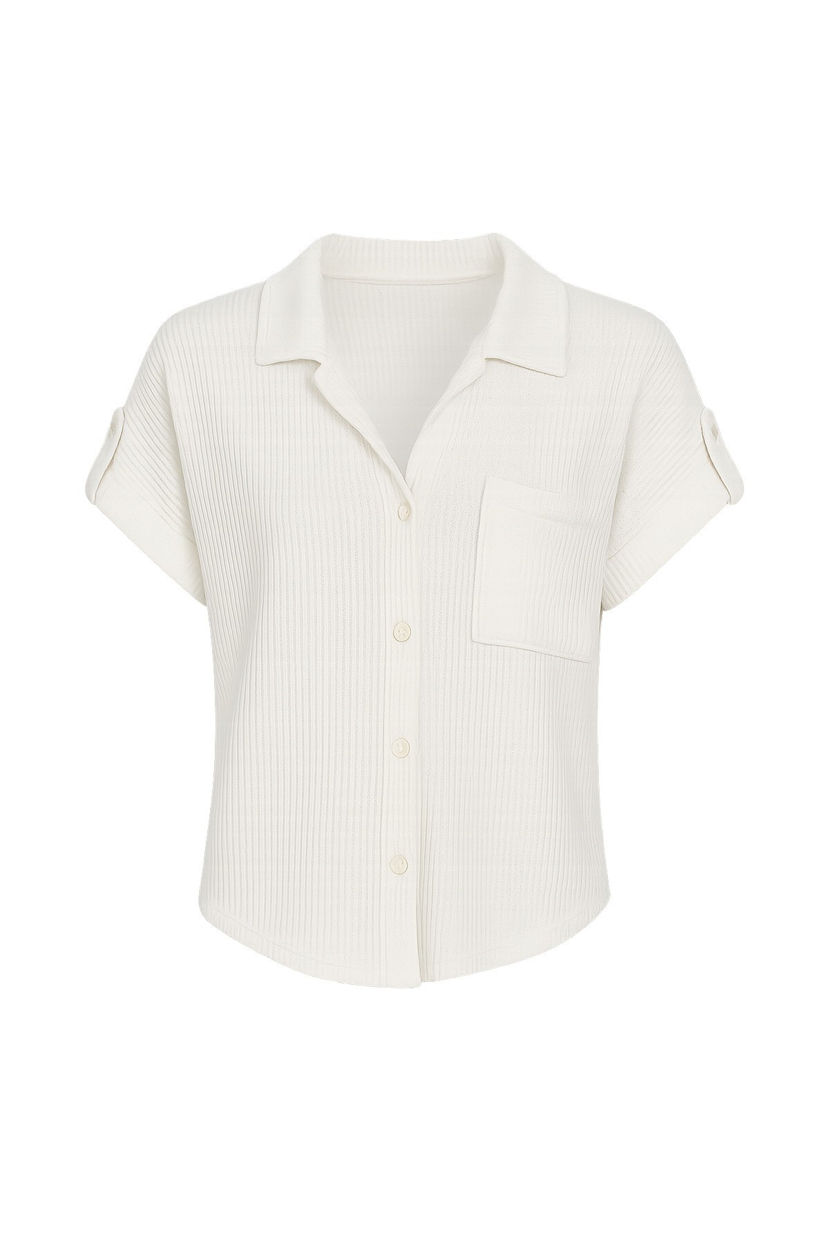 Ekru Manşetli Duble Kısa Kollu Dokulu Gömlek