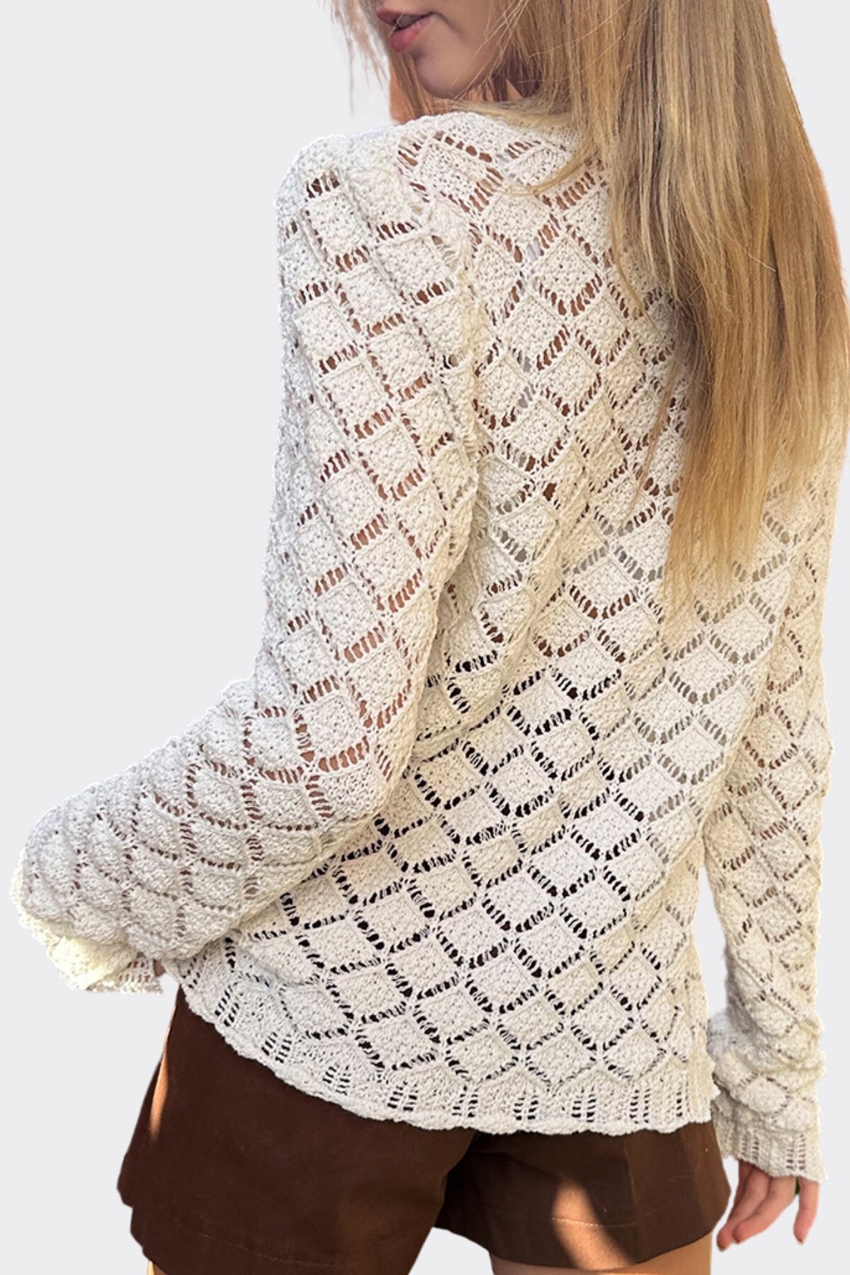 Ekru Nakışlı Ajurlu Triko Hırka