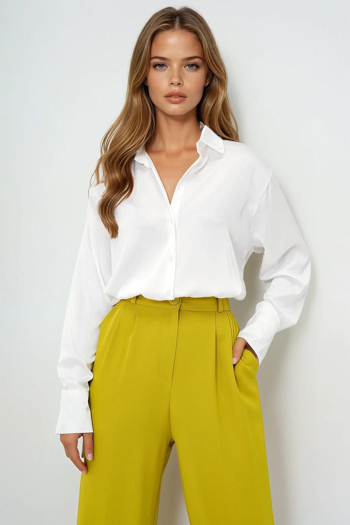 Ekru Oversize İpek Saten Gömlek