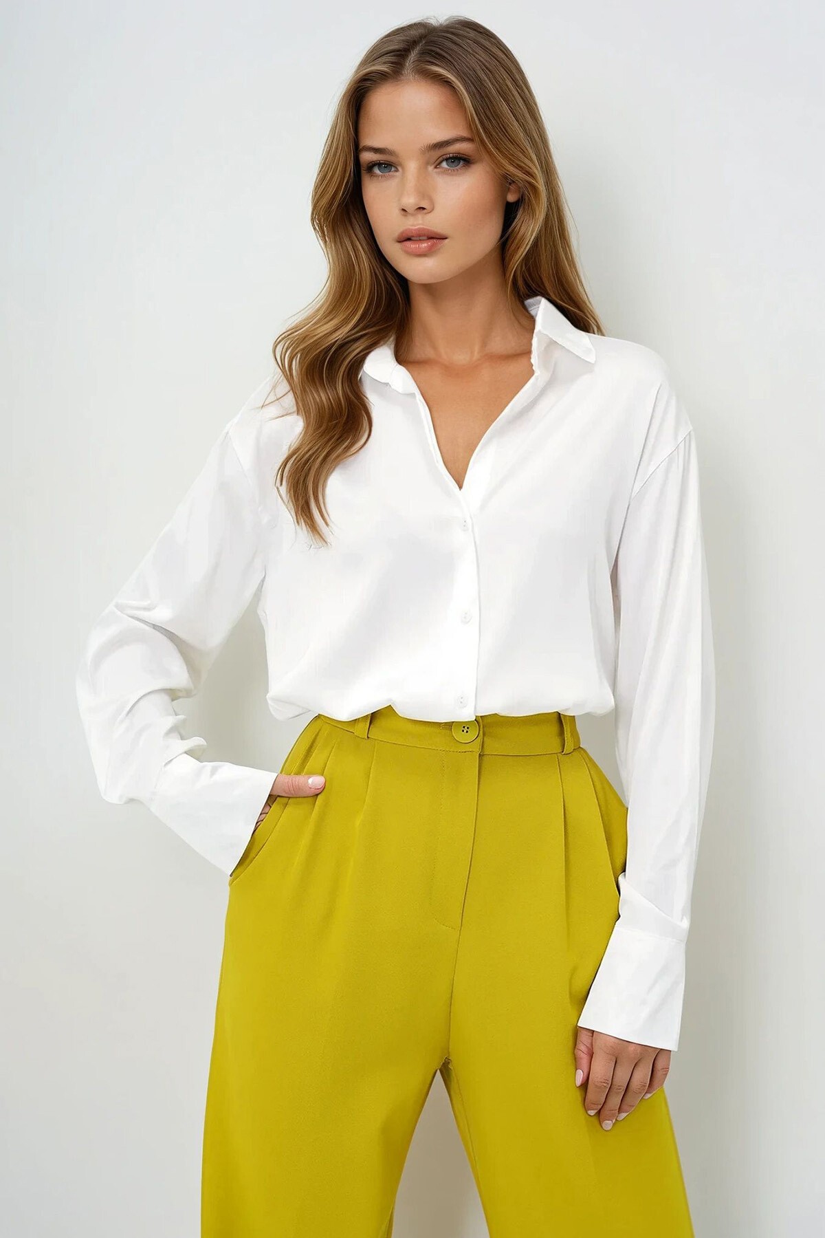 Ekru Oversize İpek Saten Gömlek