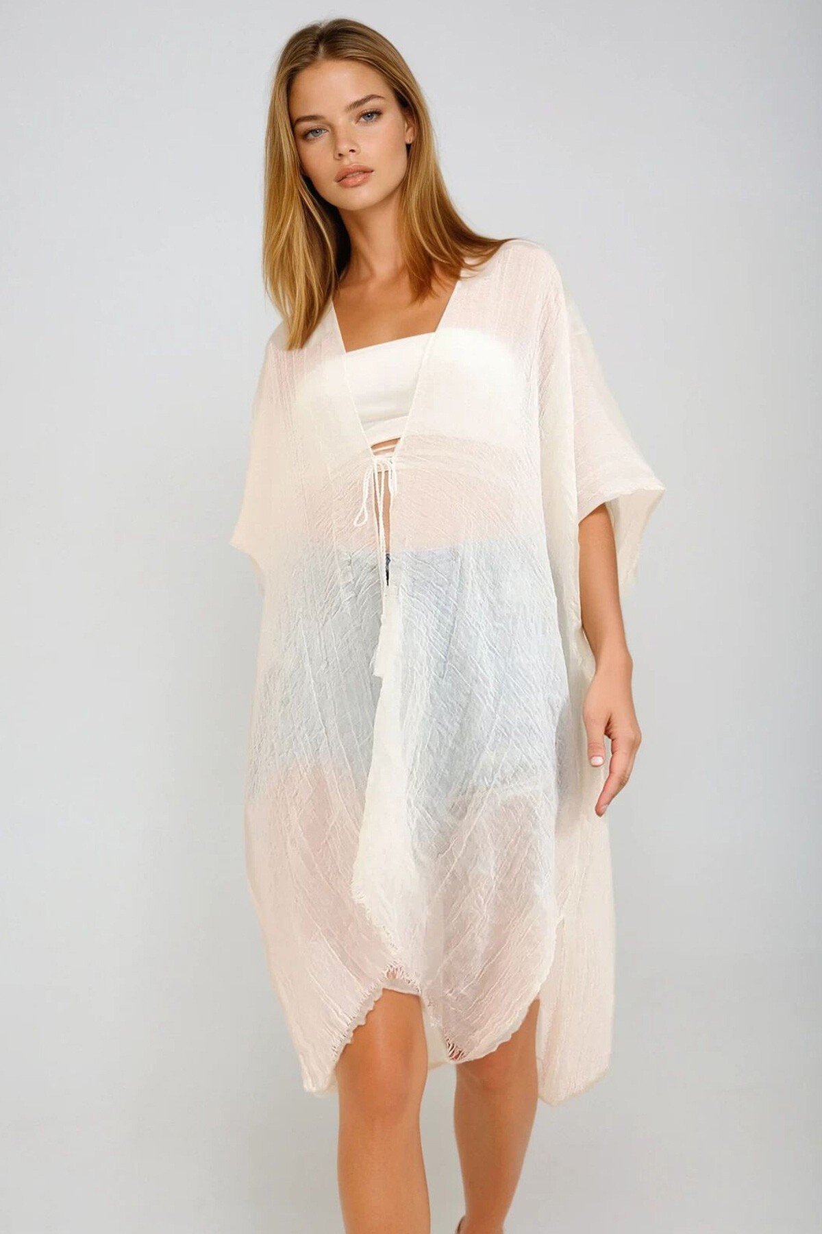 Ekru Oversize Pamuklu Kimono