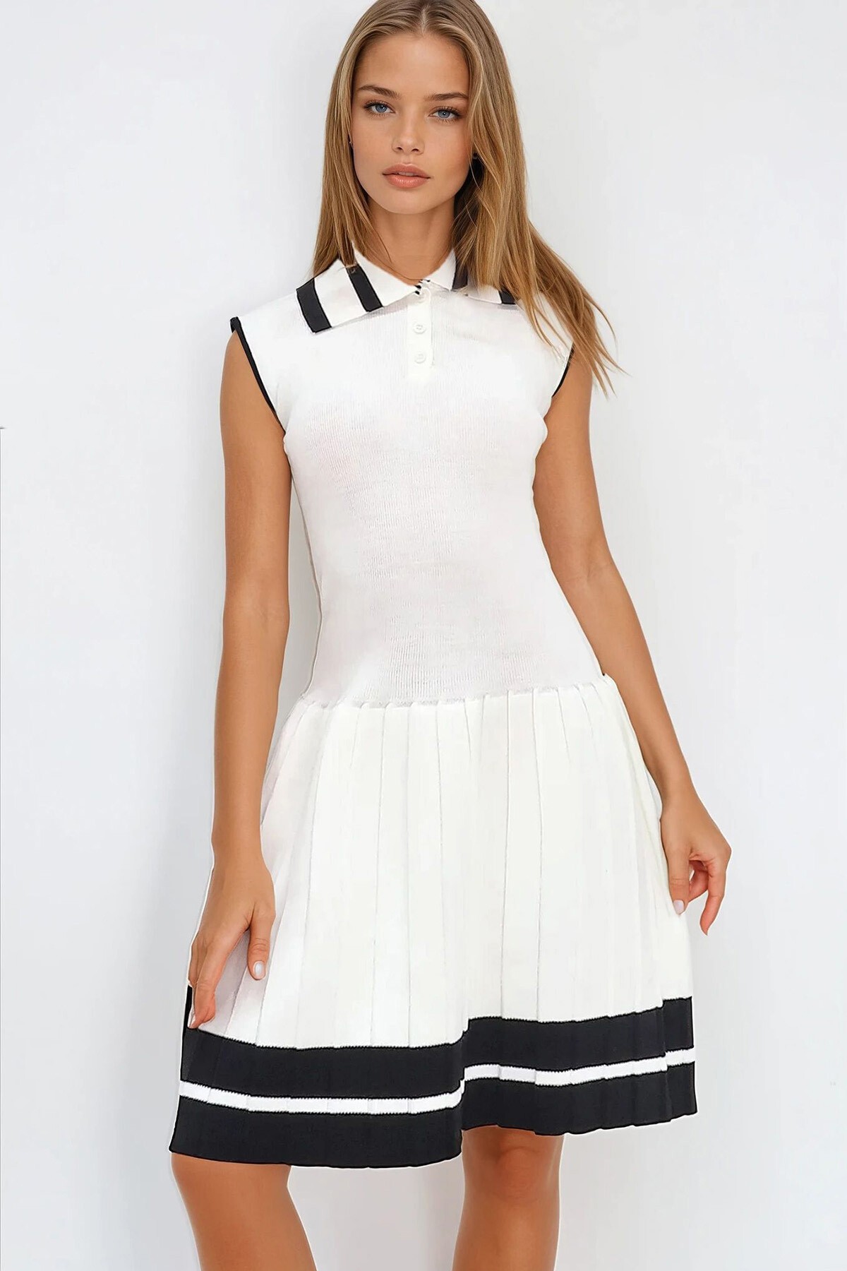 Ekru Polo Yaka Şerit Detaylı Eteği Pileli Mini Elbise