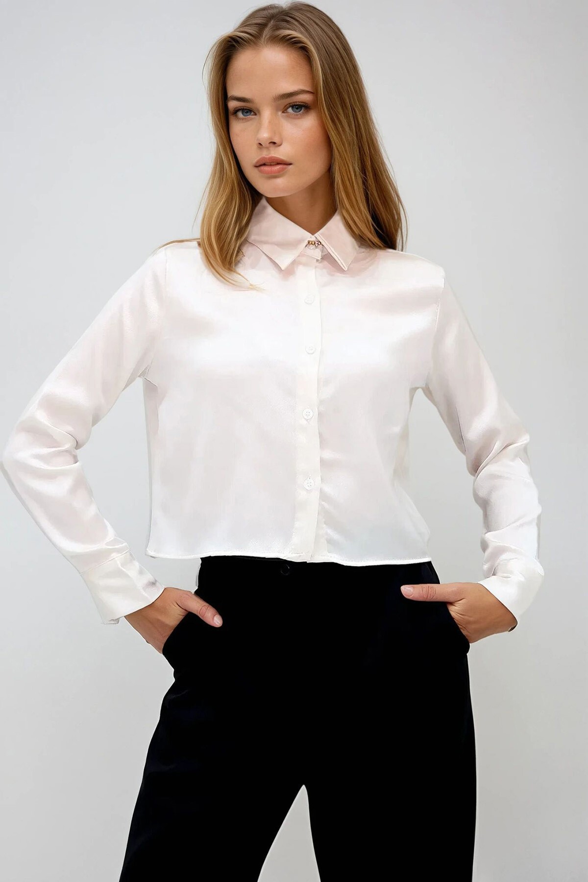 Ekru Saten Crop Gömlek