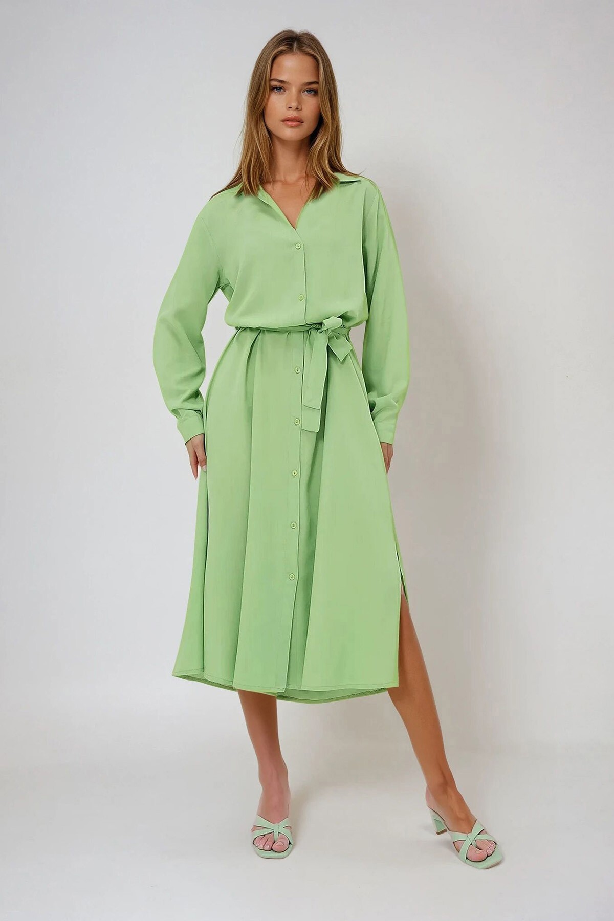 Fıstık Yeşili Dokuma Viskon Gömlek Elbise