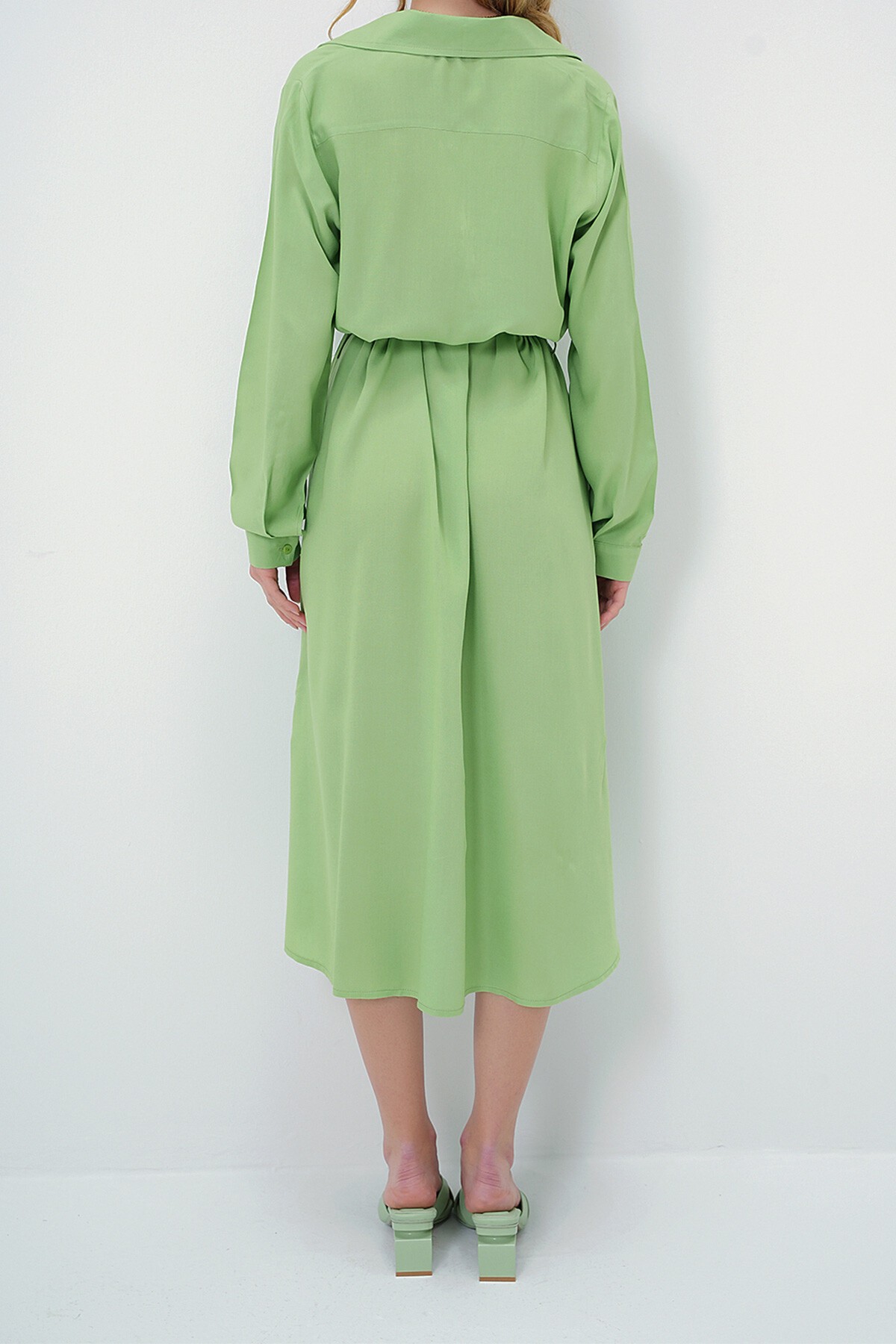 Fıstık Yeşili Dokuma Viskon Gömlek Elbise