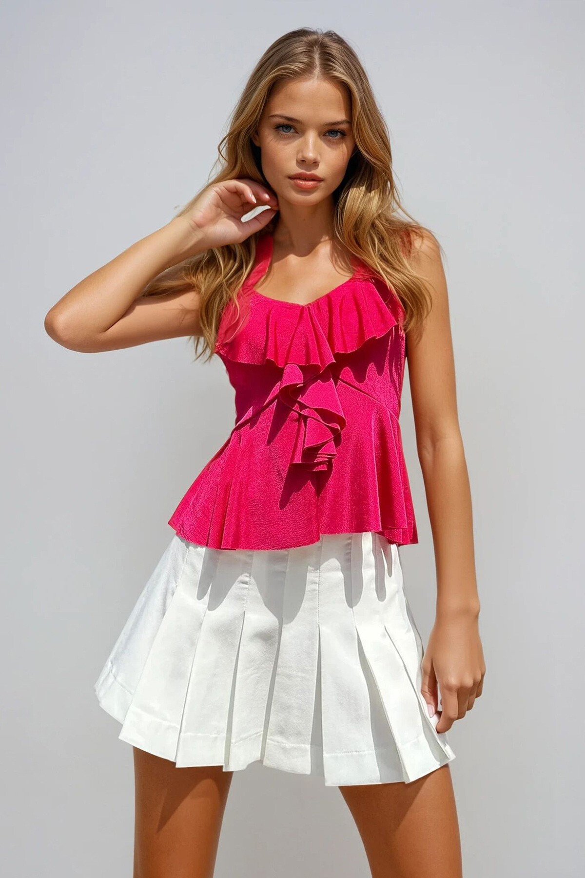 Fuşya Ayarlanabilir Askılı Volanlı Bluz
