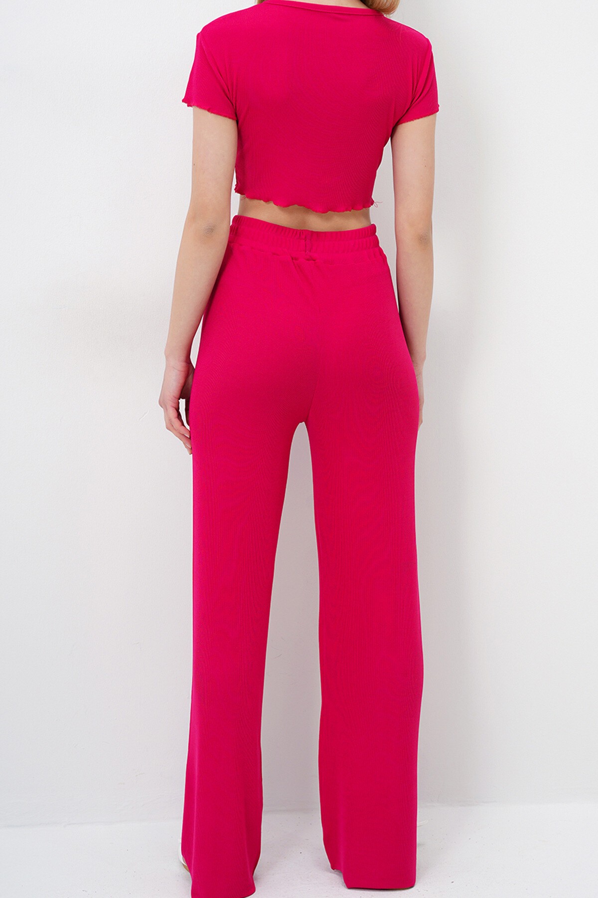 Fuşya Bisiklet Yaka Crop Bluz, Şort Ve Pantolonlu 3 Lü Set Pijama Takımı