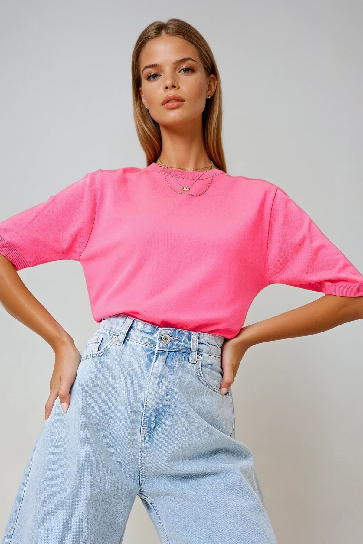 Fuşya Bisiklet Yaka Yarım Kol Triko Bluz