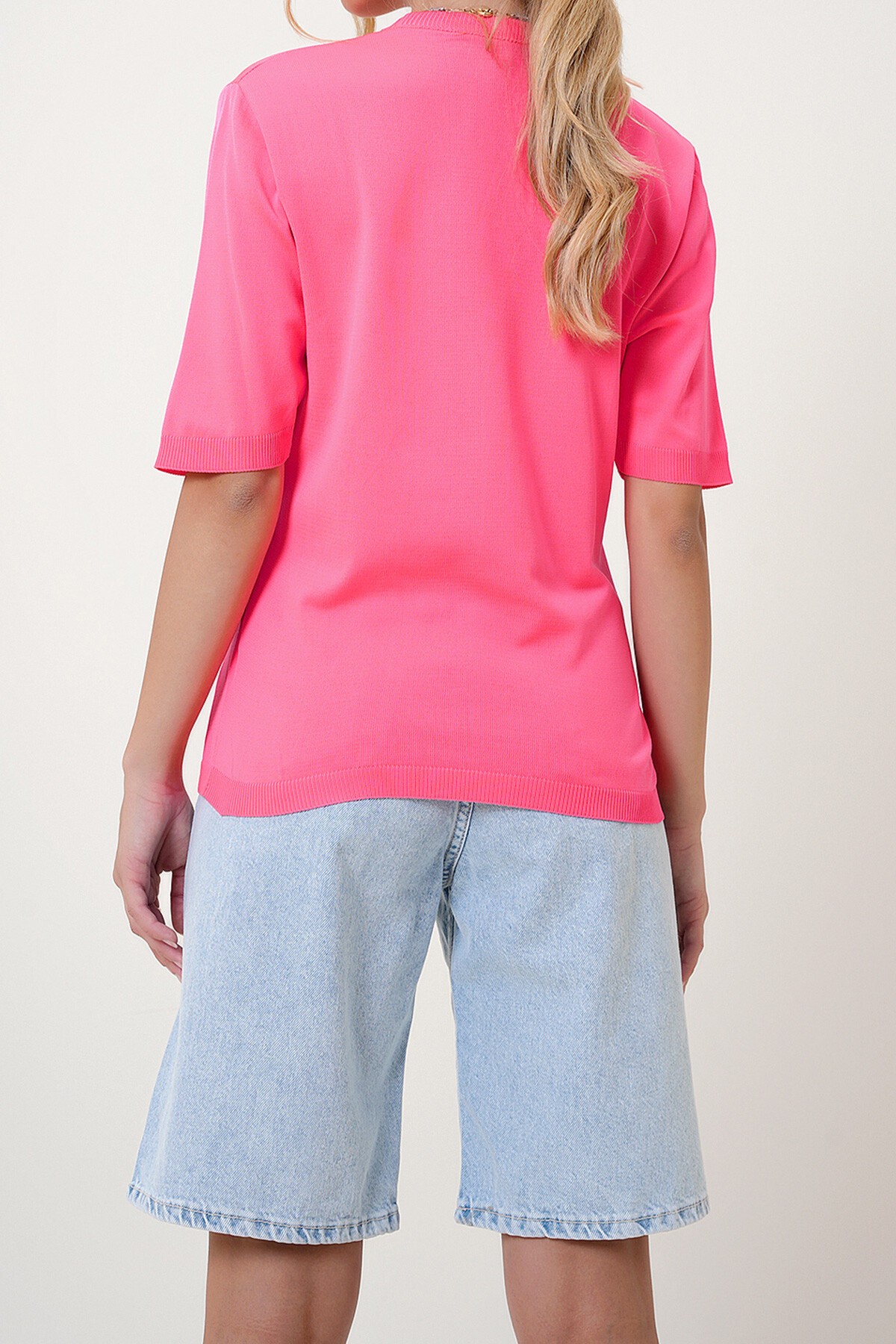 Fuşya Bisiklet Yaka Yarım Kol Triko Bluz