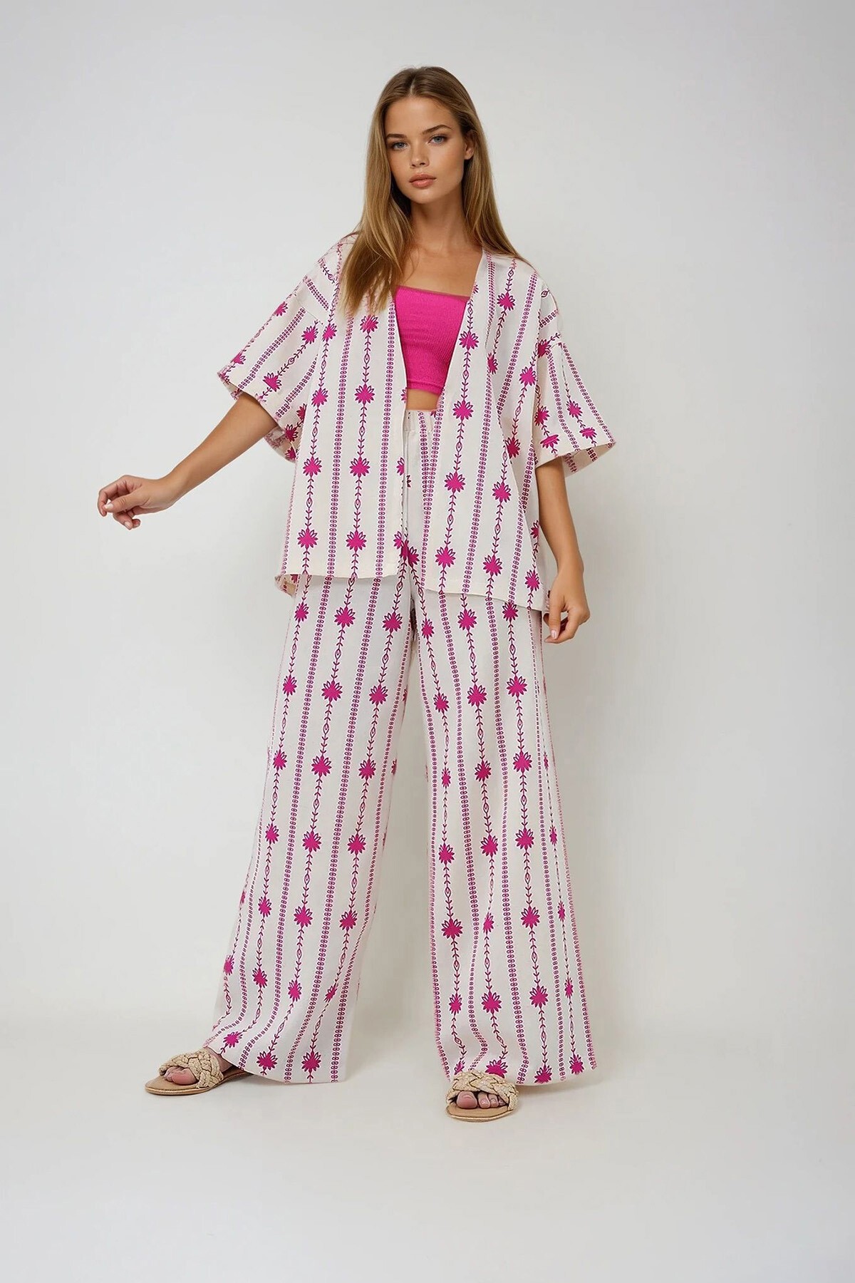 Fuşya Çiçek Desenli Duble Kol Kimono Ve Palazzo Pantolon Keten Takım