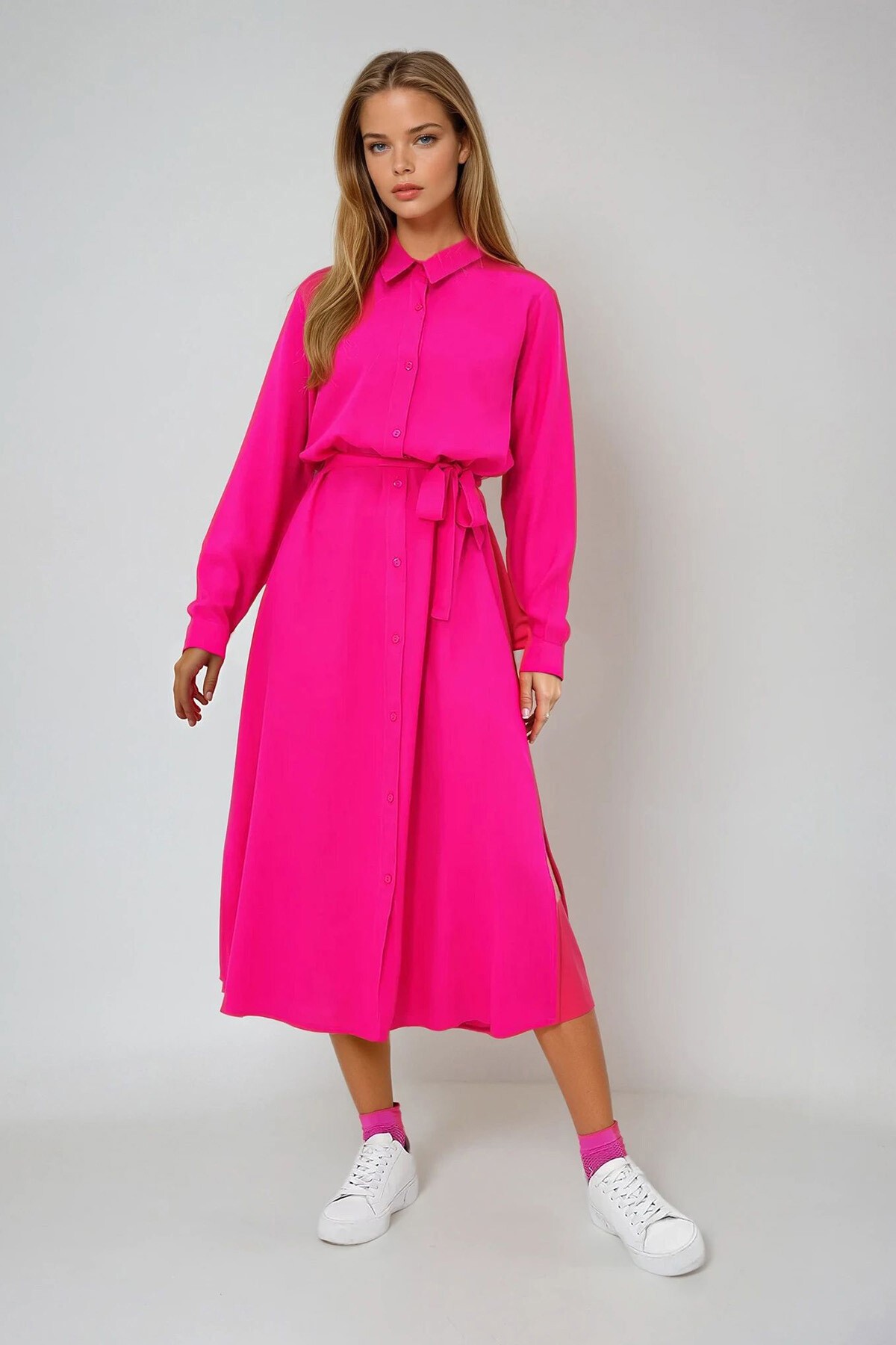 Fuşya Dokuma Viskon Gömlek Elbise