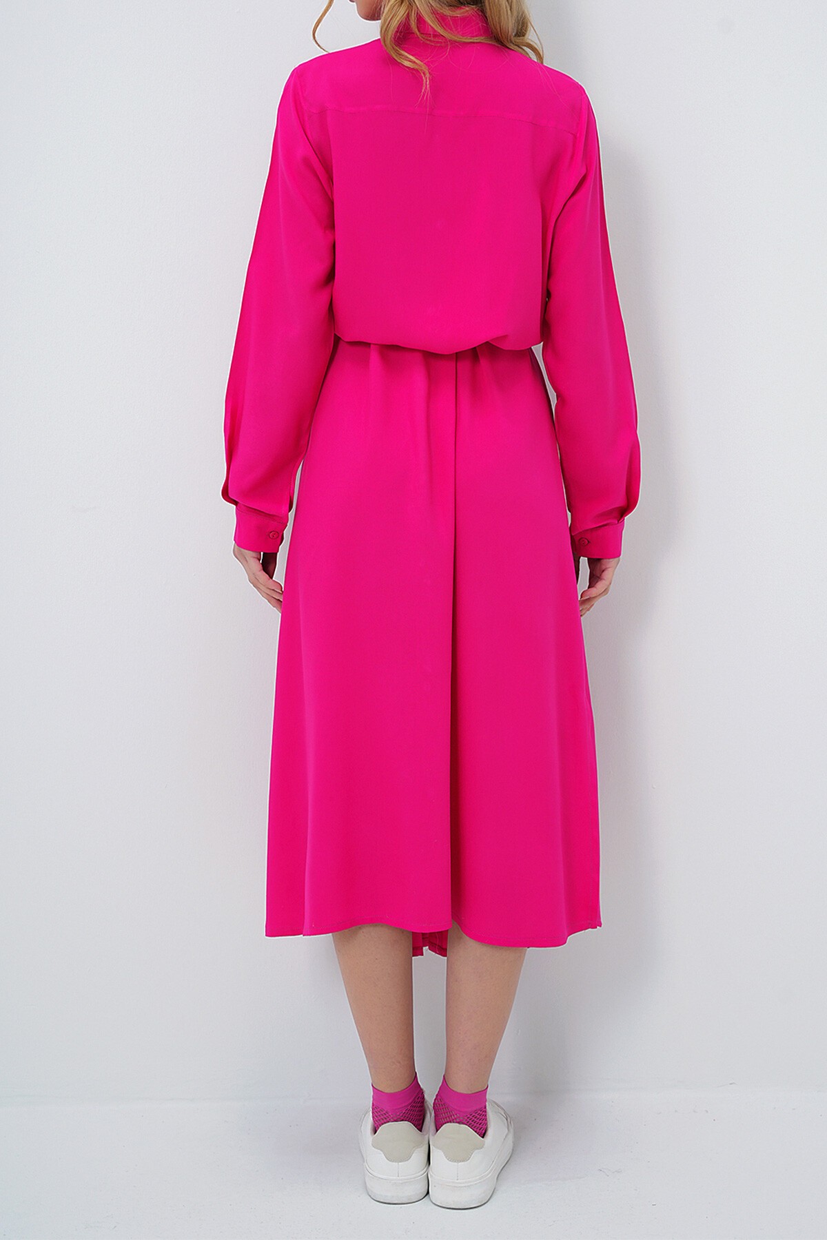 Fuşya Dokuma Viskon Gömlek Elbise
