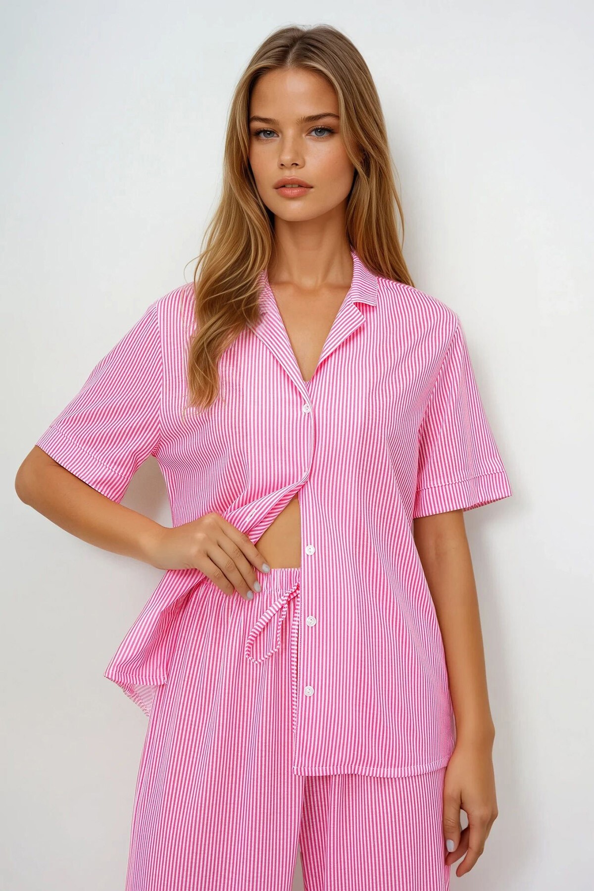 Fuşya Duble Kol Ve Paça Detaylı Çizgili Gömlek Ve Pantolonlu Pijama Takımı