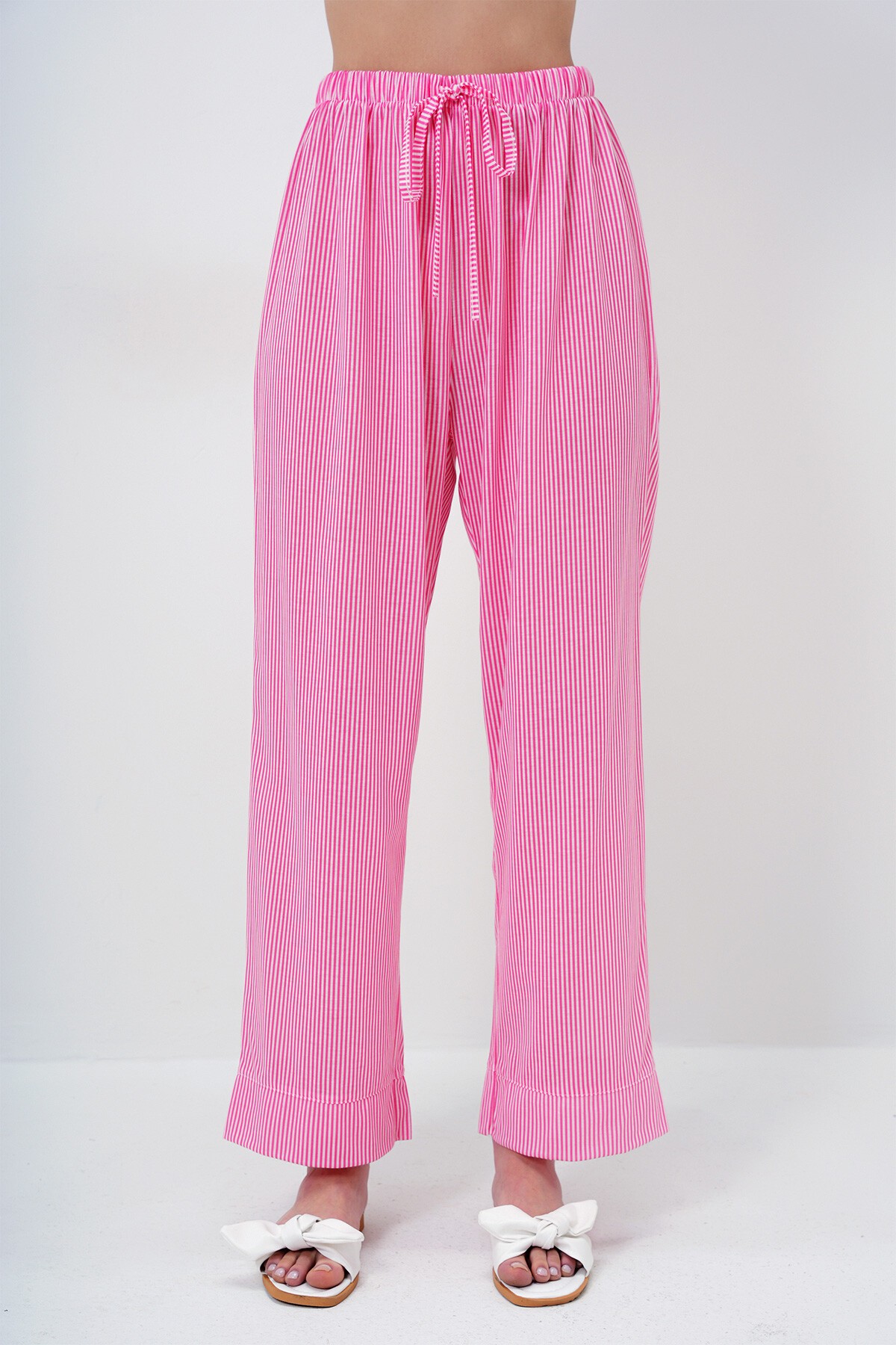 Fuşya Duble Kol Ve Paça Detaylı Çizgili Gömlek Ve Pantolonlu Pijama Takımı