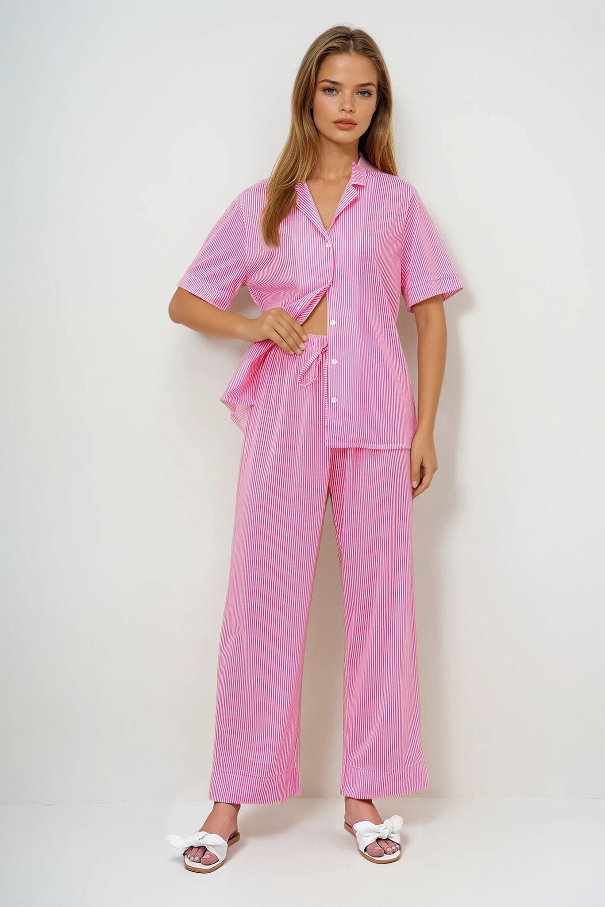 Fuşya Duble Kol Ve Paça Detaylı Çizgili Gömlek Ve Pantolonlu Pijama Takımı