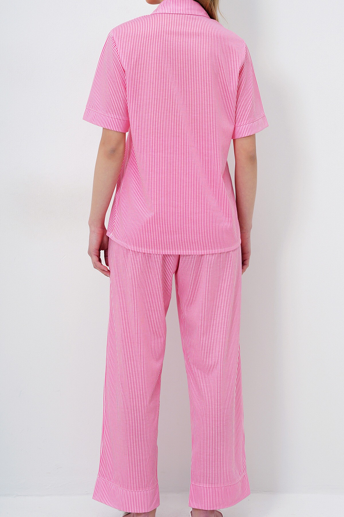 Fuşya Duble Kol Ve Paça Detaylı Çizgili Gömlek Ve Pantolonlu Pijama Takımı