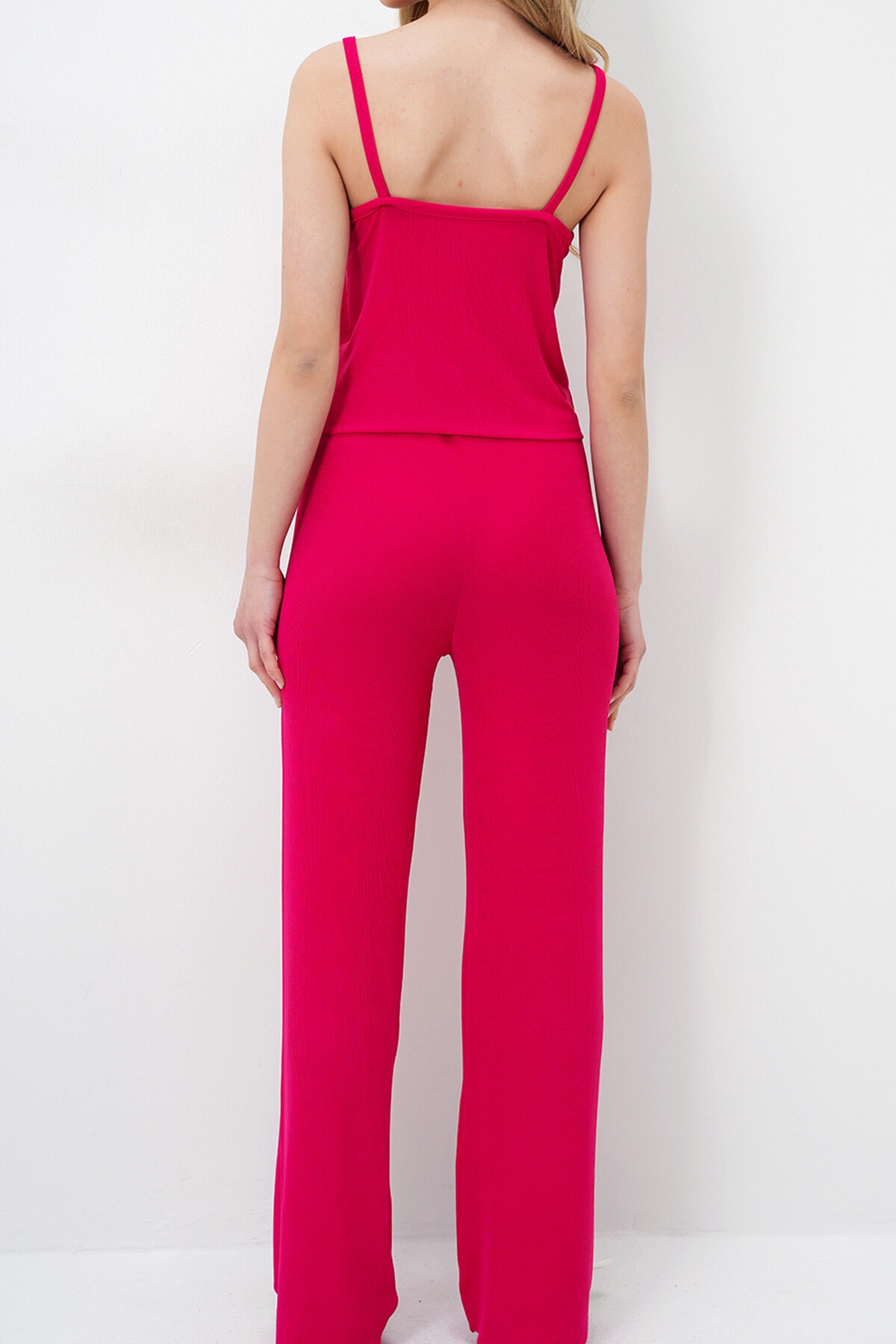 Fuşya İp Askılı Dantel Detaylı Bluz, Şort Ve Pantolonlu 3 Lü Set Pijama Takımı