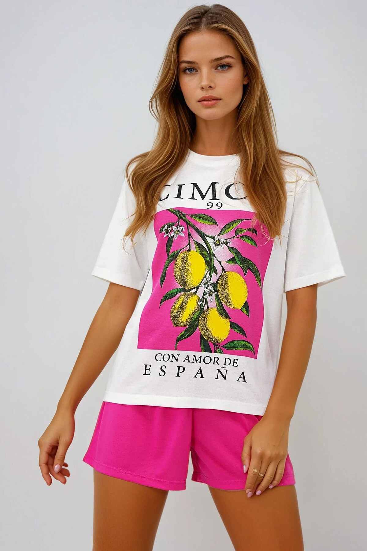 Fuşya Limon Baskılı Pamuklu Basic T Shırt Ve Şortlu Pijama Takımı