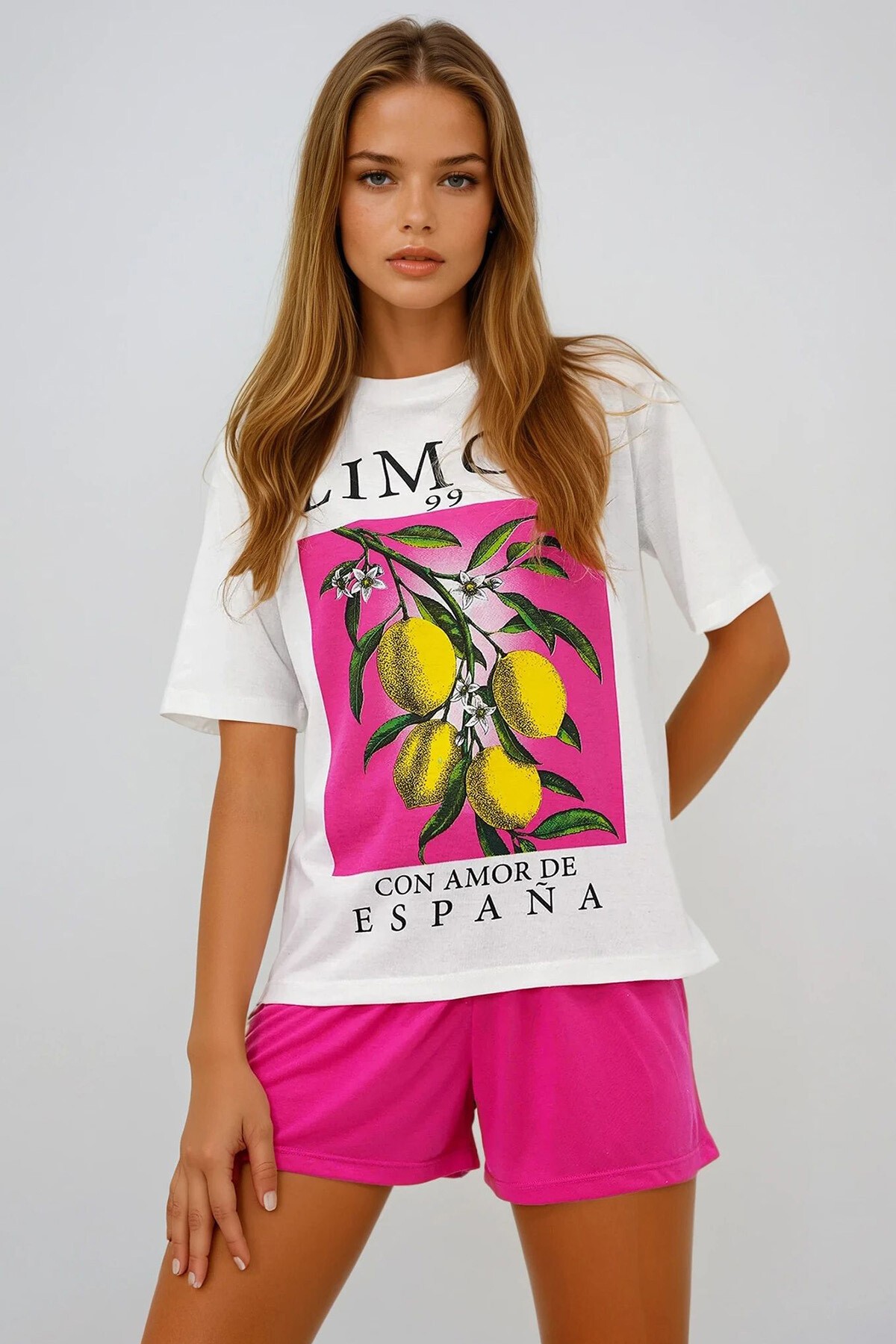 Fuşya Limon Baskılı Pamuklu Basic T Shırt Ve Şortlu Pijama Takımı