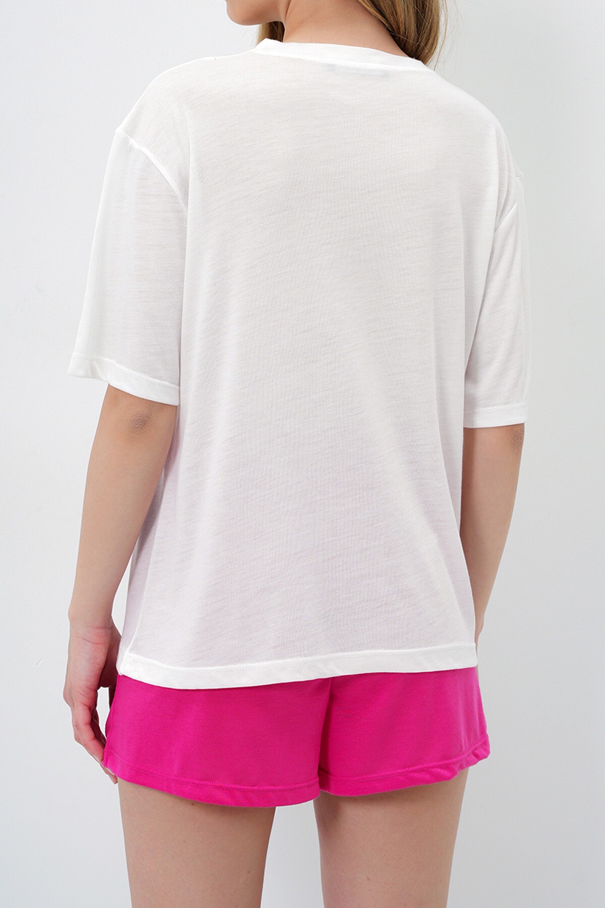 Fuşya Limon Baskılı Pamuklu Basic T Shırt Ve Şortlu Pijama Takımı