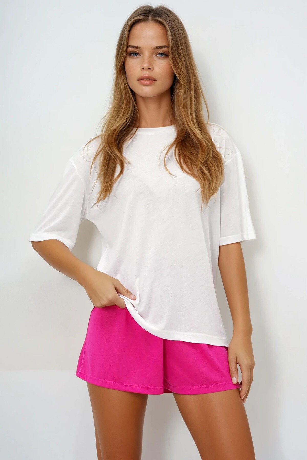 Fuşya Pamuklu Basic T Shırt Ve Bağlamalı Şortlu Penye Alt Üst Takım
