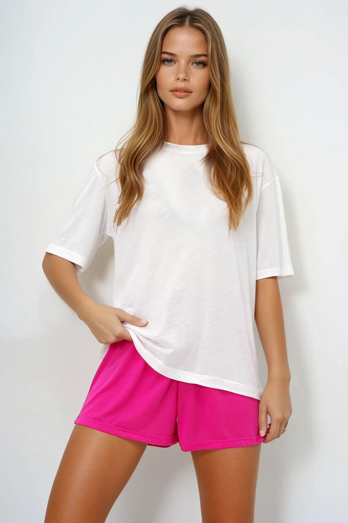 Fuşya Pamuklu Basic T Shırt Ve Bağlamalı Şortlu Penye Alt Üst Takım